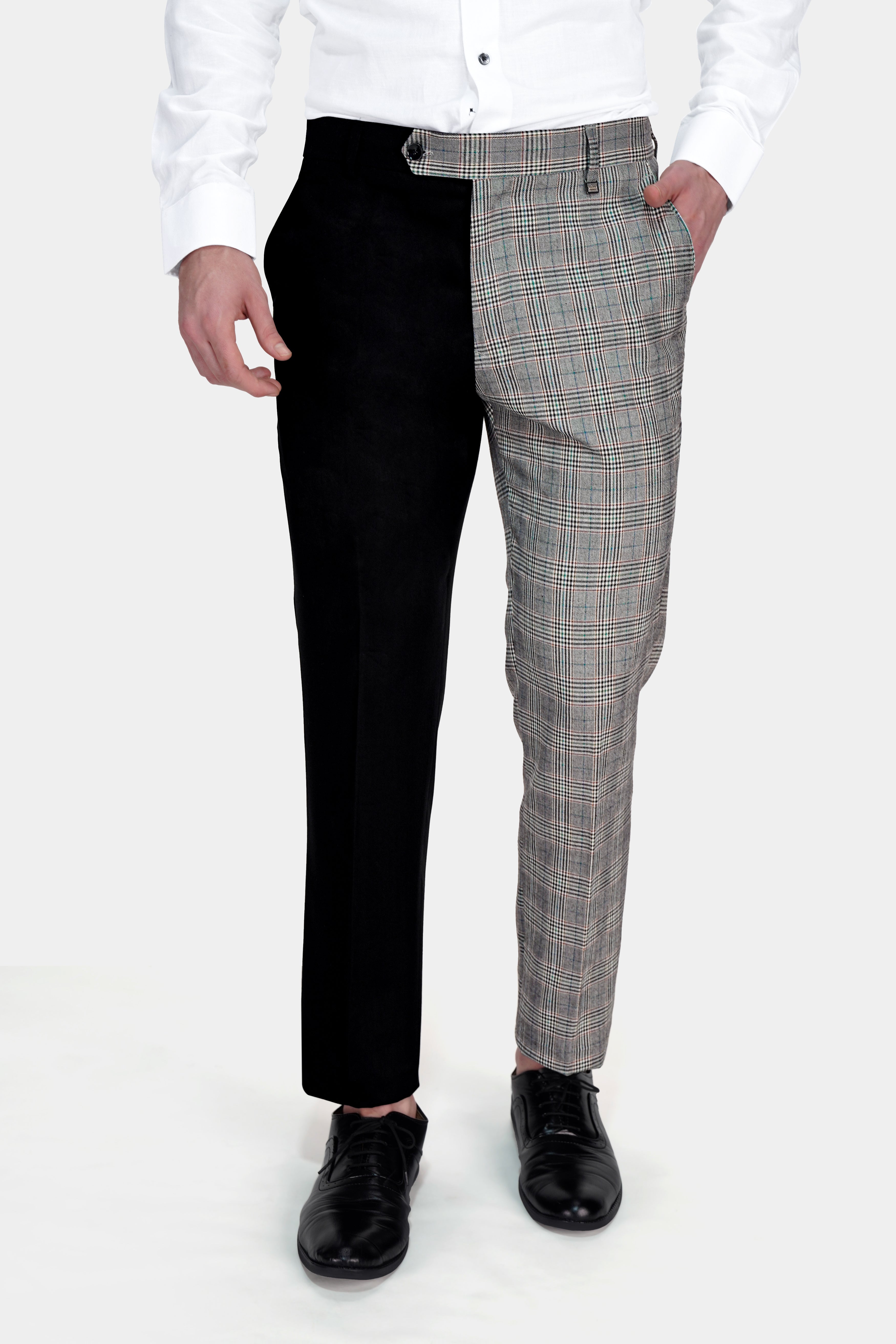 Half Black and Half Battleship Gray Checkered Wool Rich Designer Pant T2748-28, T2748-30, T2748-32, T2748-34, T2748-36, T2748-38, T2748-40, T2748-42, T2748-44