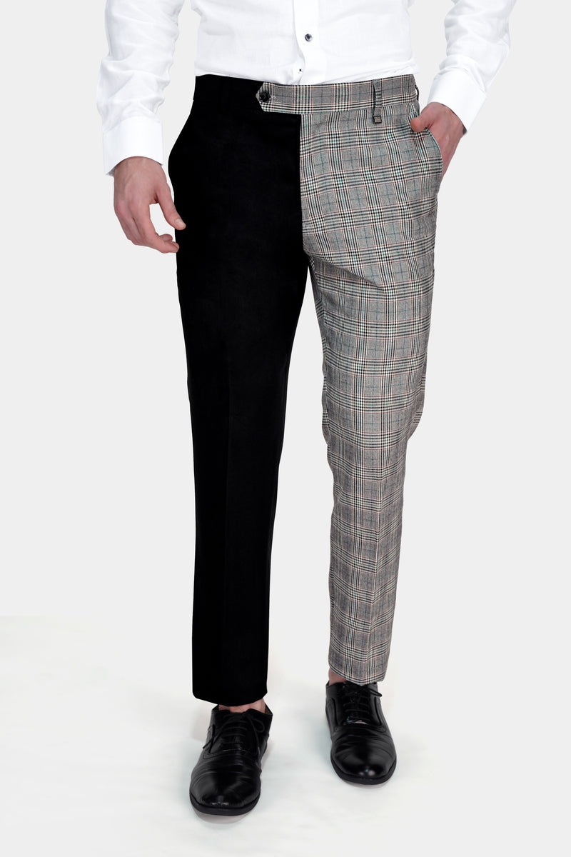 Half Black and Half Battleship Gray Checkered Wool Rich Designer Pant