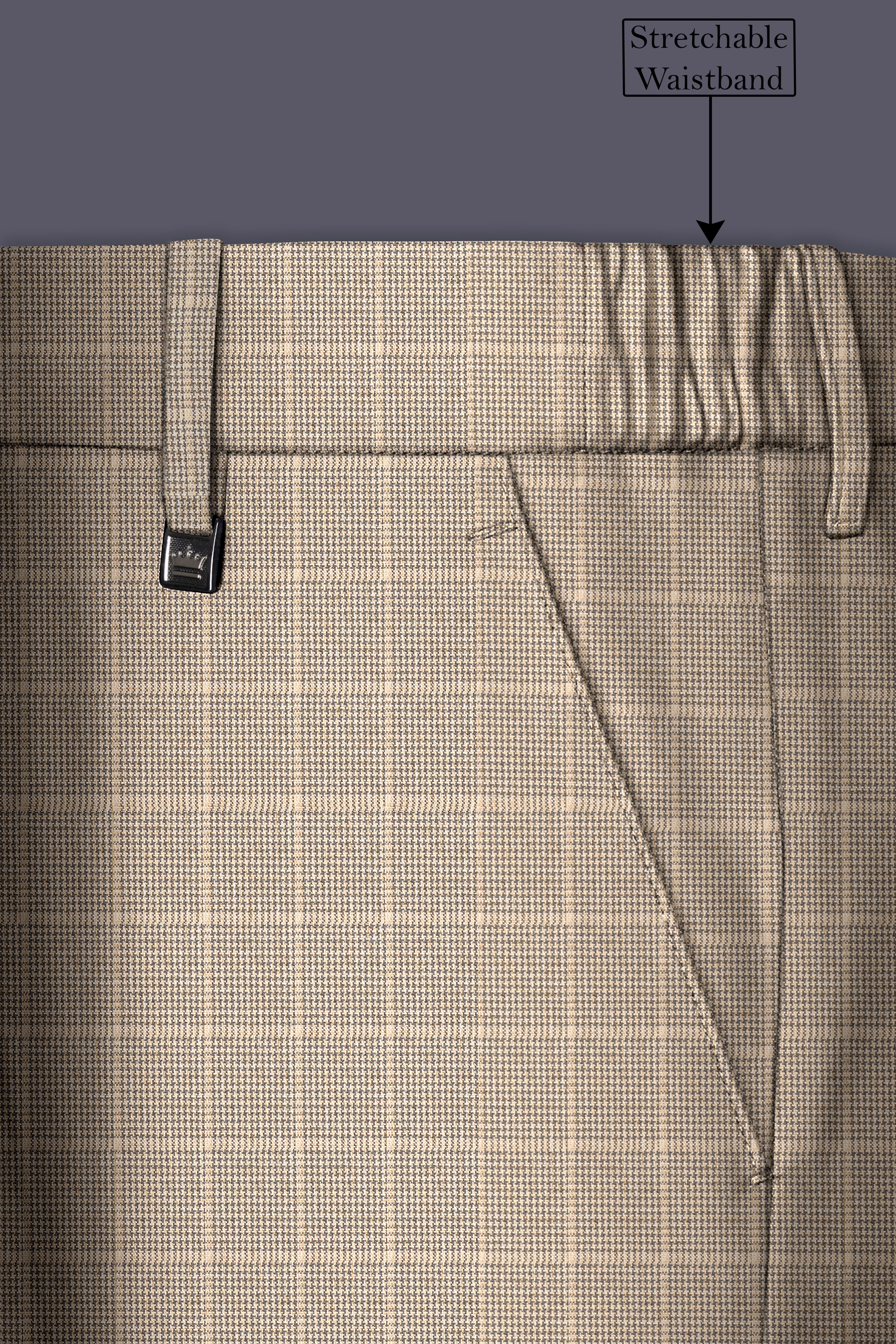 Apricot Brown Plaid Wool Rich Stretchable Waistband Pant