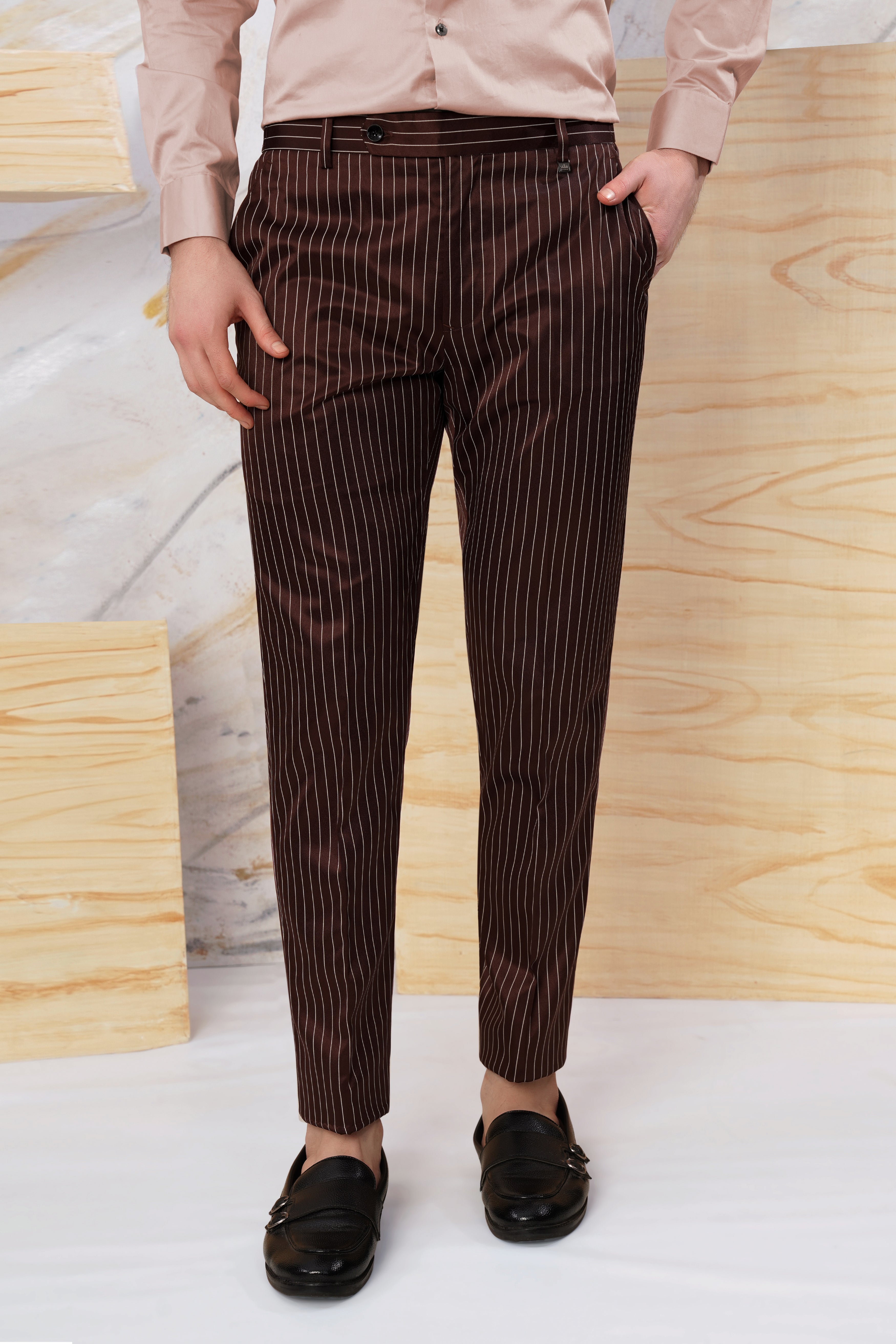 Cork Brown and White Striped Wool Rich Stretchable Waistband Pant