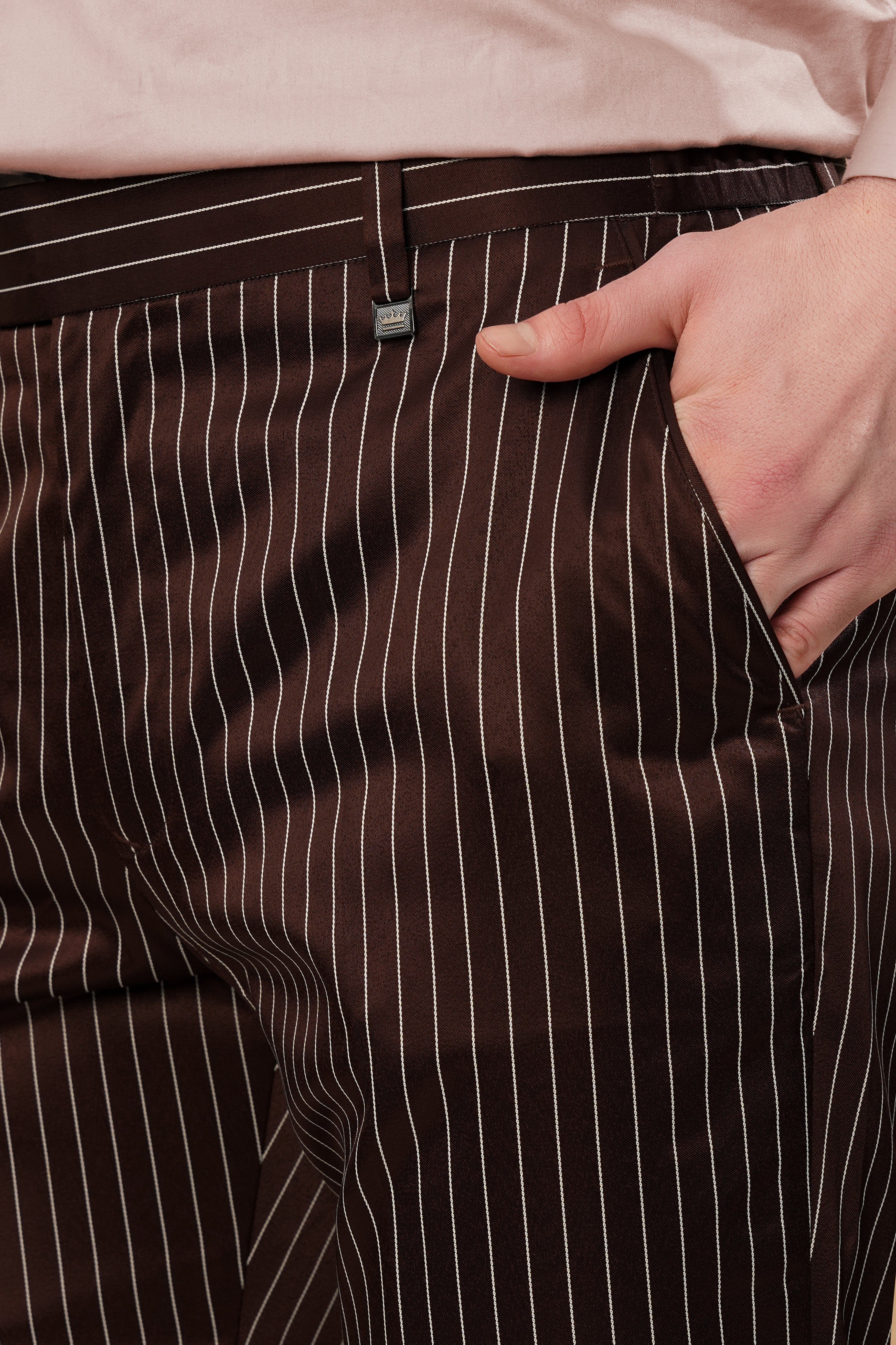 Cork Brown and White Striped Wool Rich Stretchable Waistband Pant