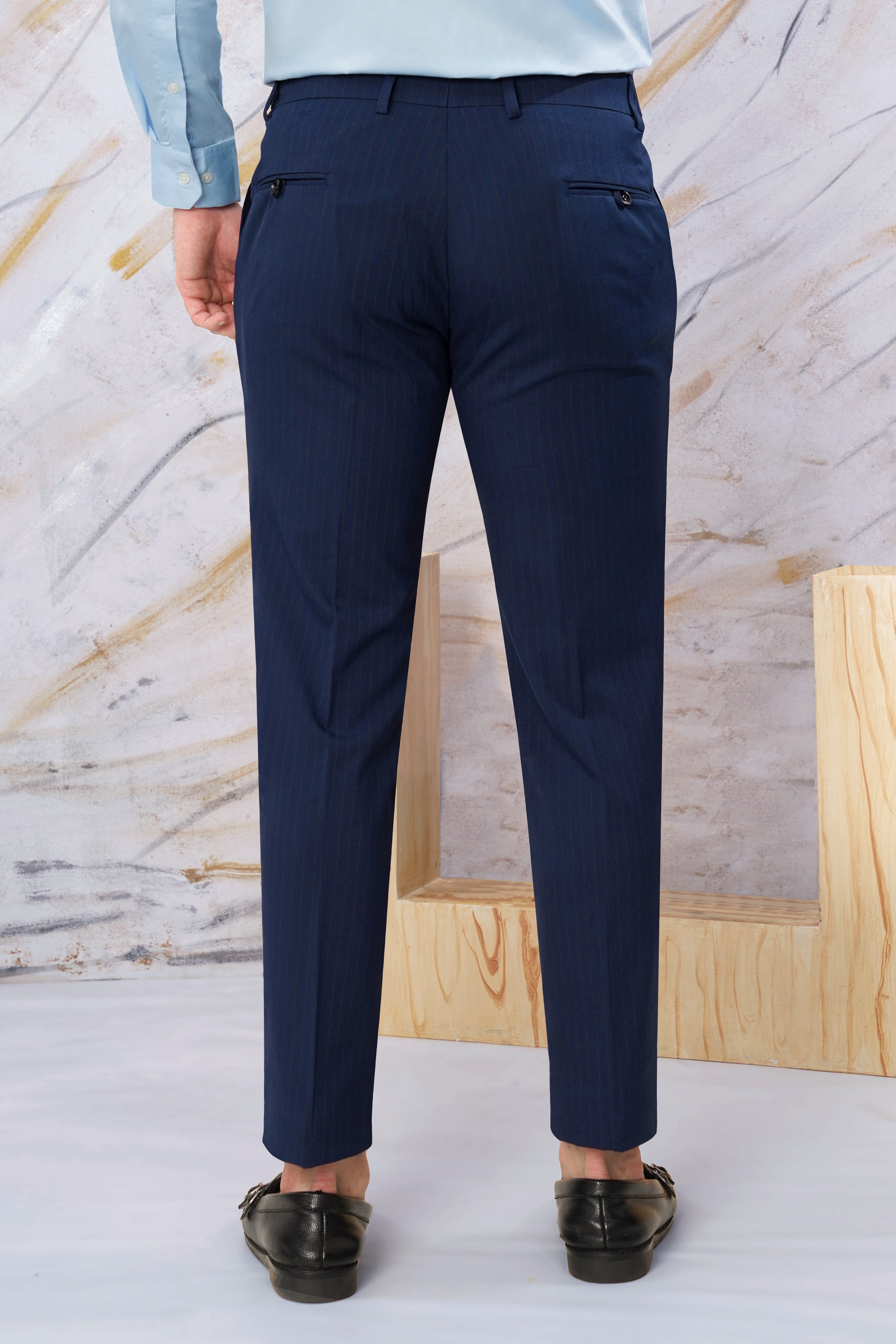 Ebony Clay Blue Striped Wool Rich Stretchable Waistband Pant