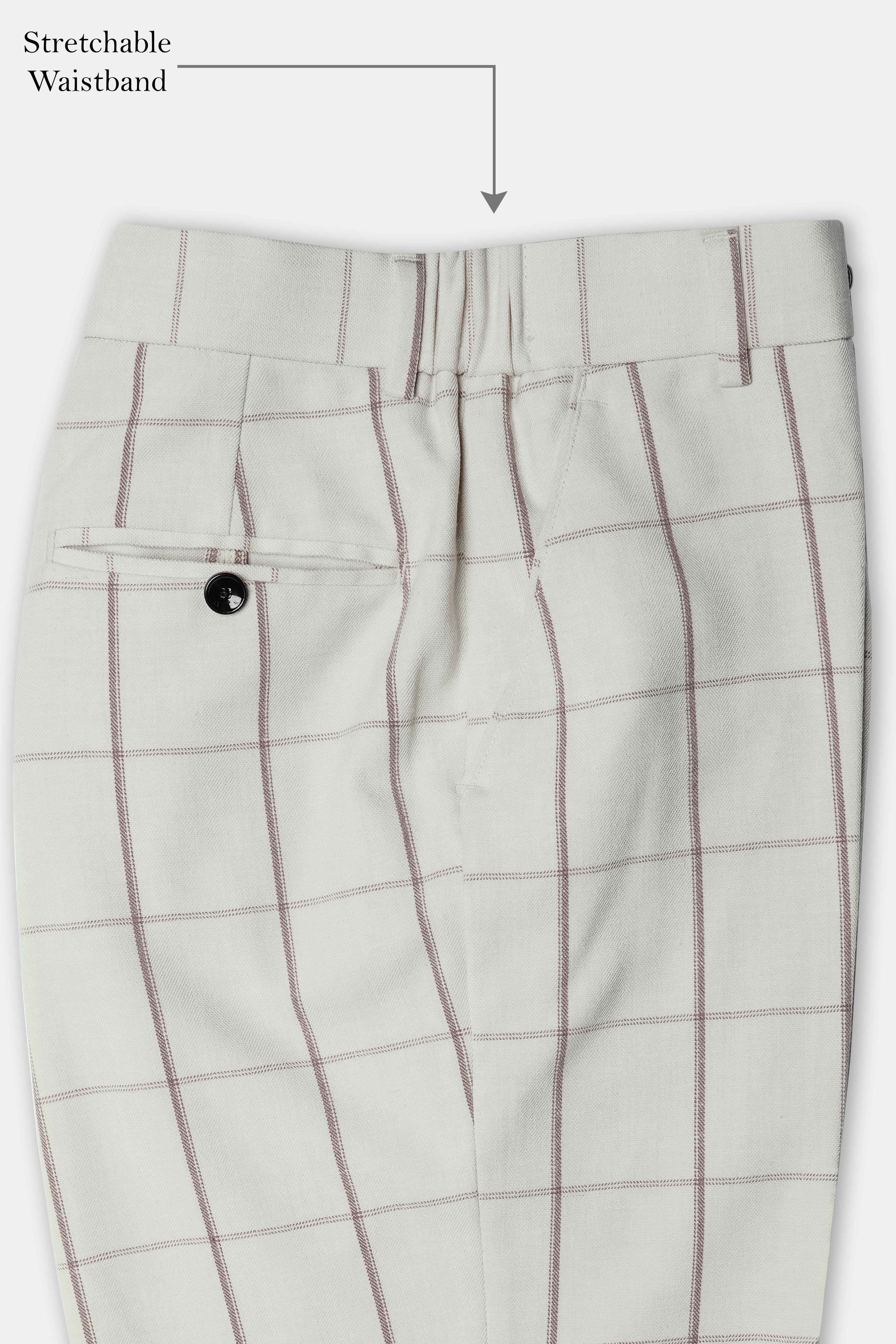 Iron Cream Windowpane Wool Rich Stretchable Waistband  Pant