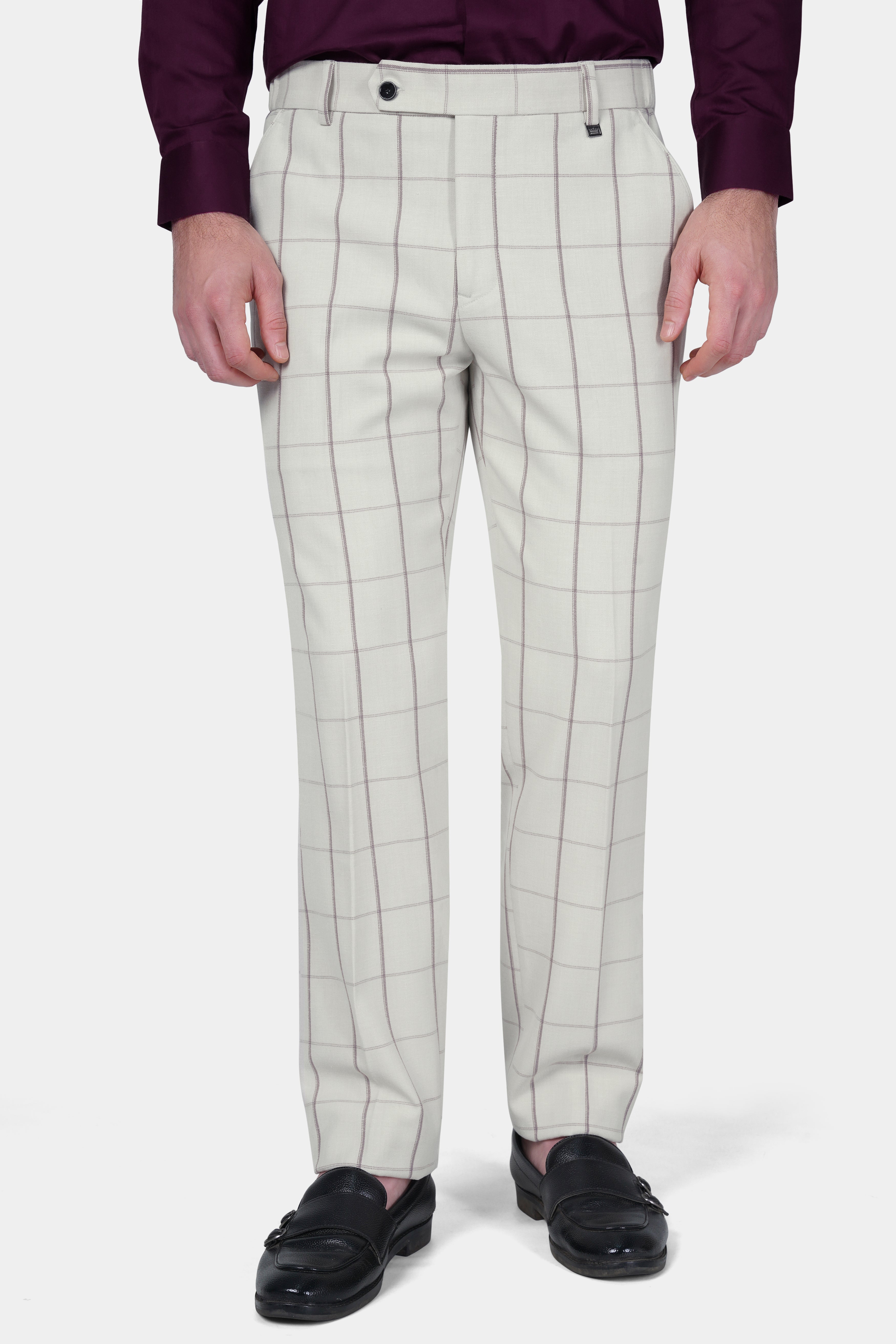 Iron Cream Windowpane Wool Rich Stretchable Waistband  Pant