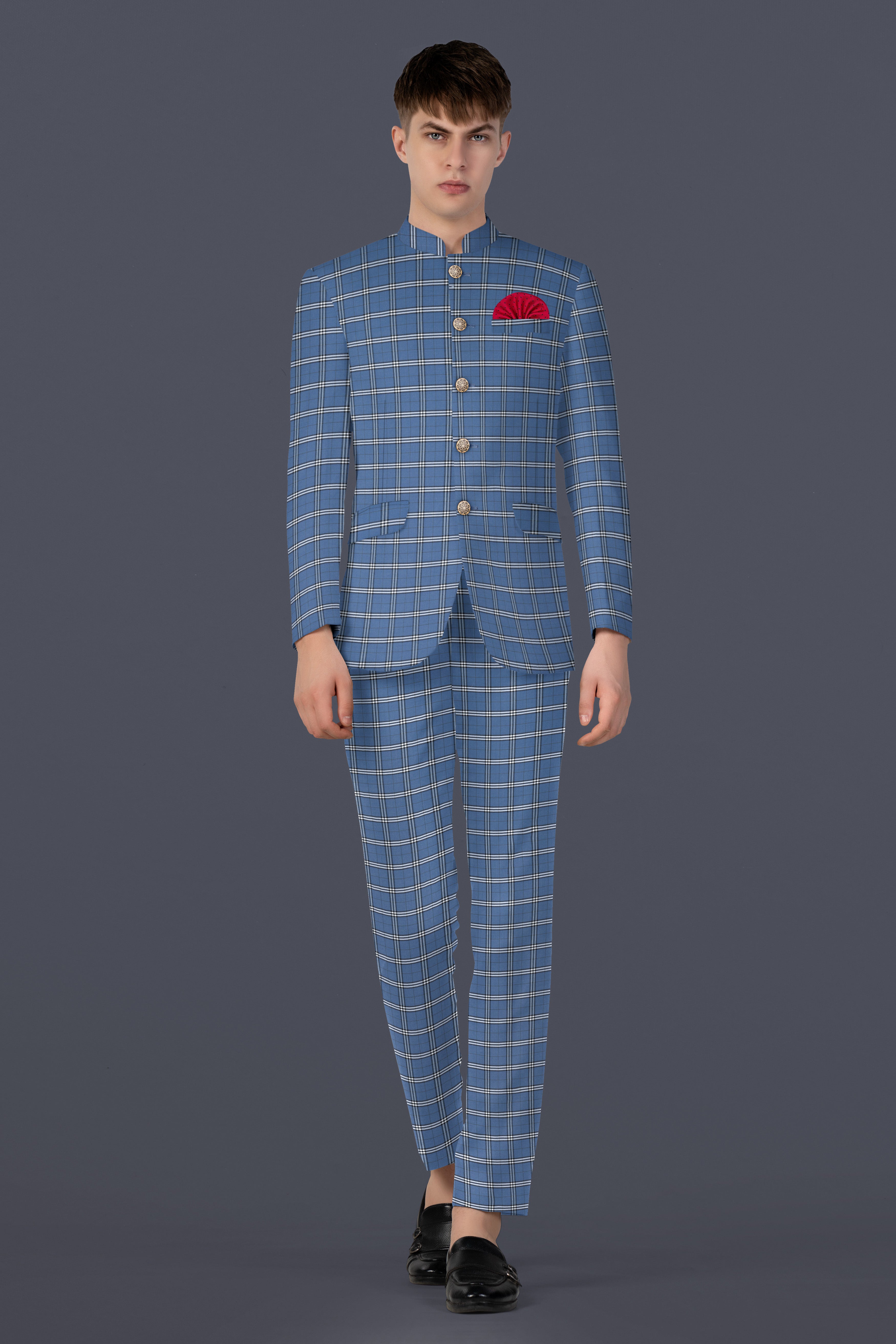 Metalic Blue Plaid Wool Blend Pant