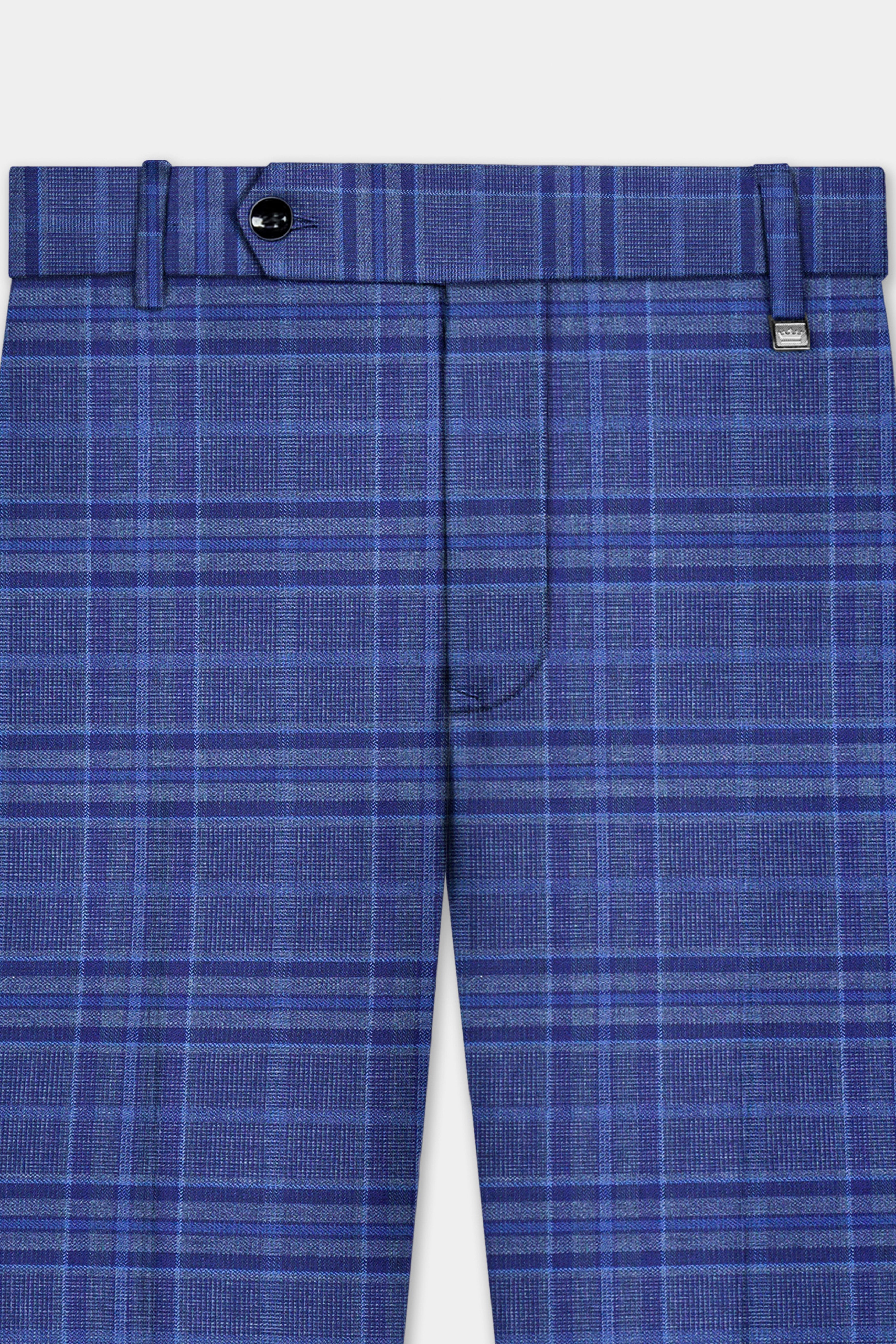 Chambray Blue Plaid Wool Rich Stretchable Waistband Pant
