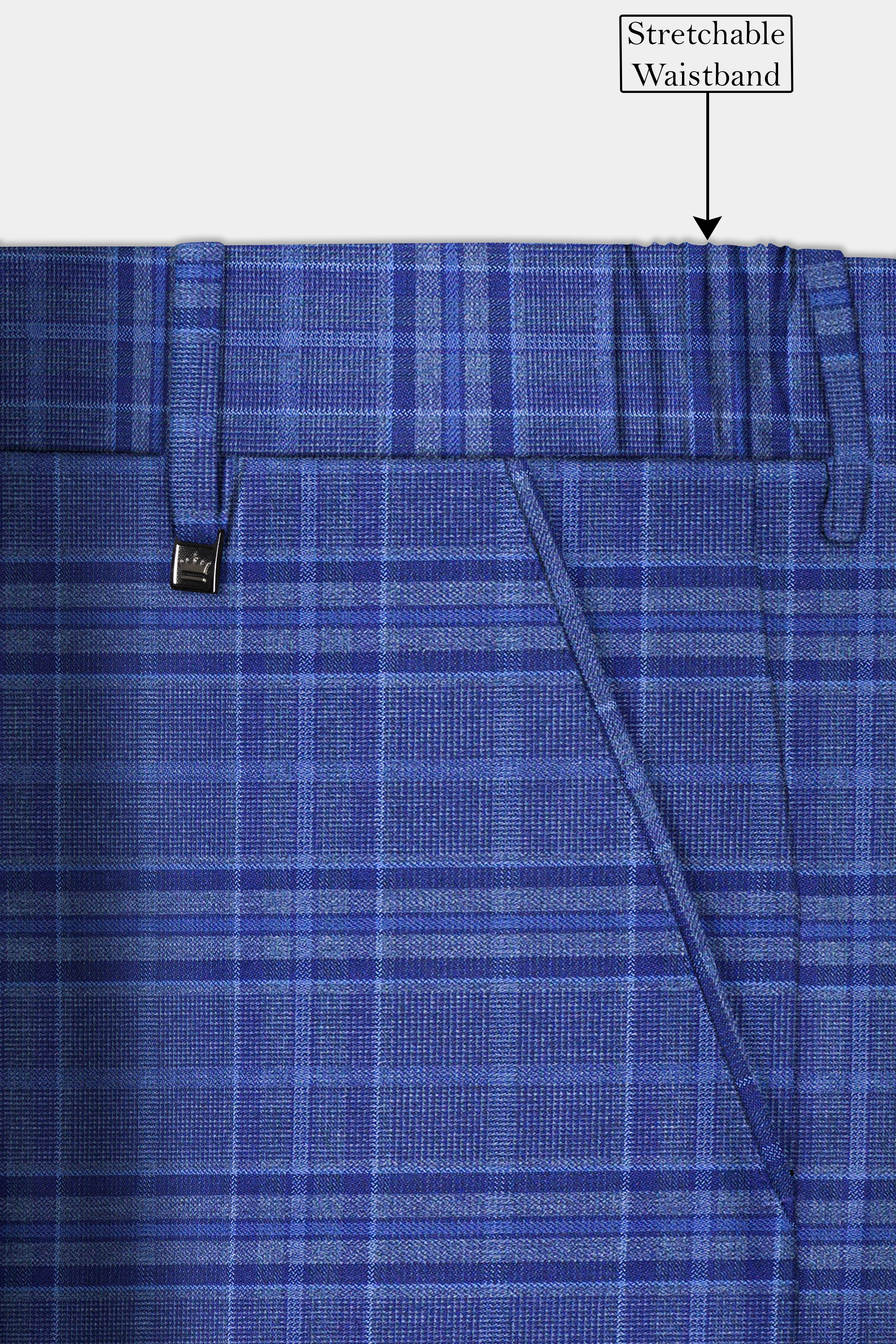 Chambray Blue Plaid Wool Rich Stretchable Waistband Pant