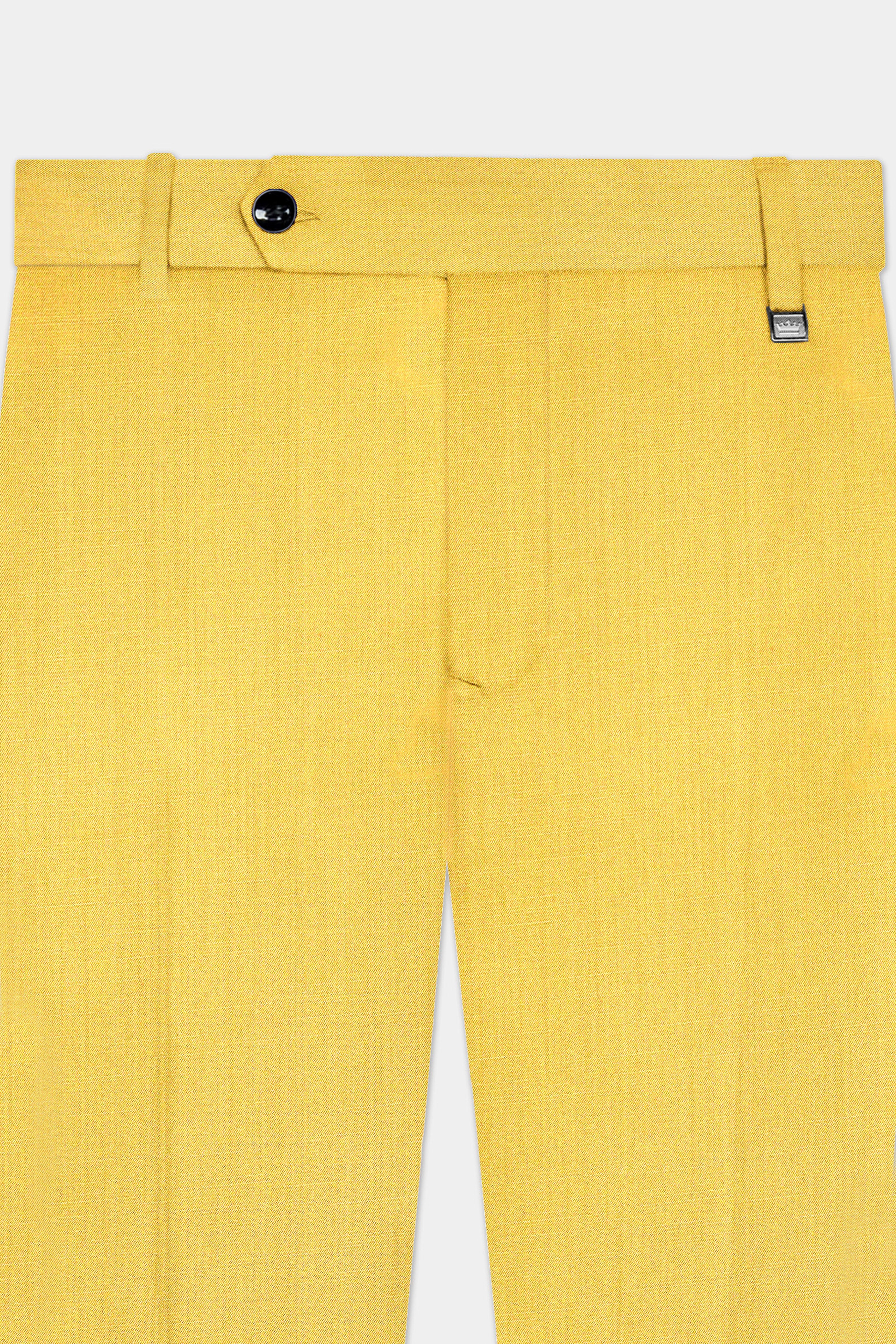 Saffron Elegance-Lemon Yellow Solid Wool Rich Slight Stretch Waistband Pant