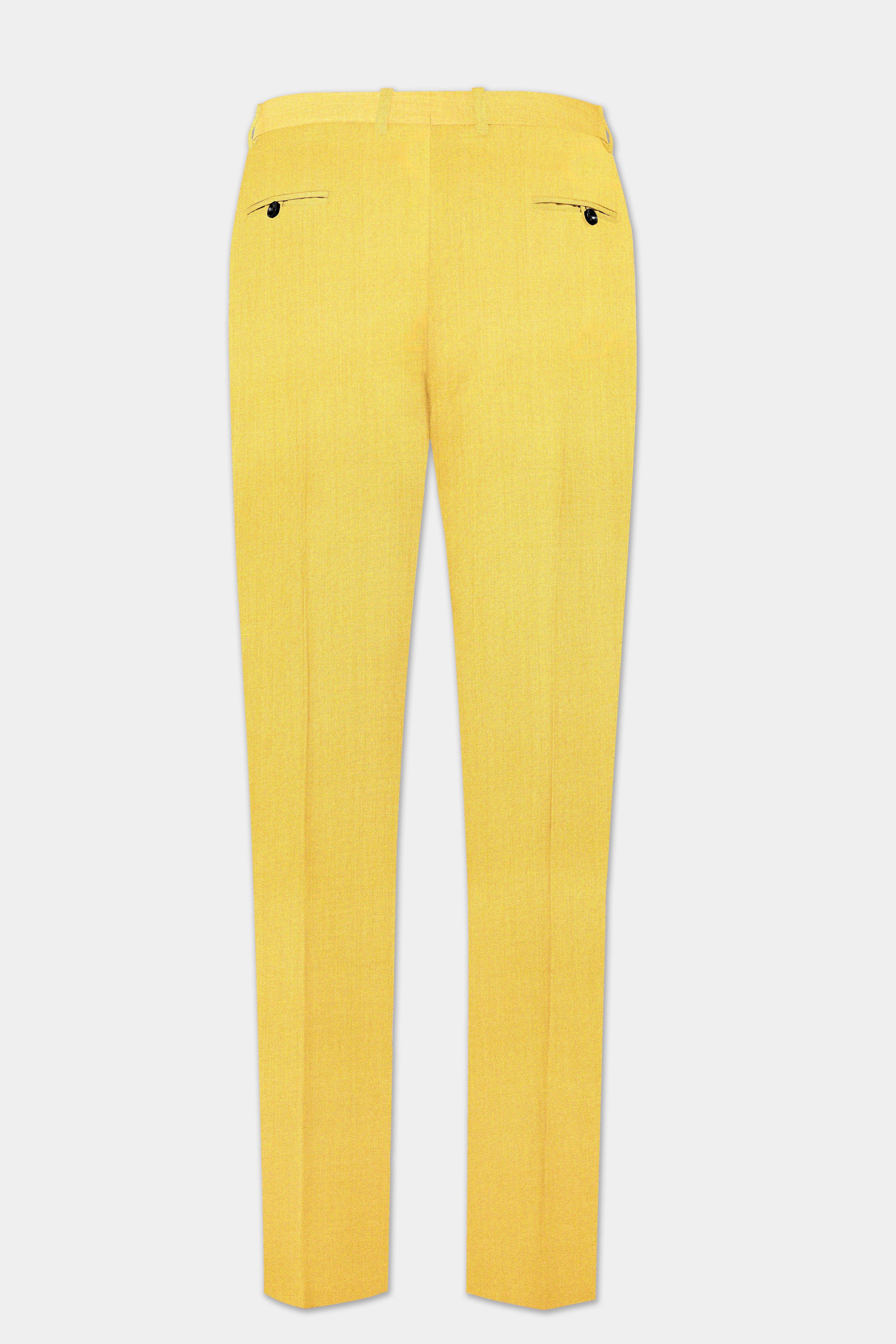 Saffron Elegance-Lemon Yellow Solid Wool Rich Slight Stretch Waistband Pant