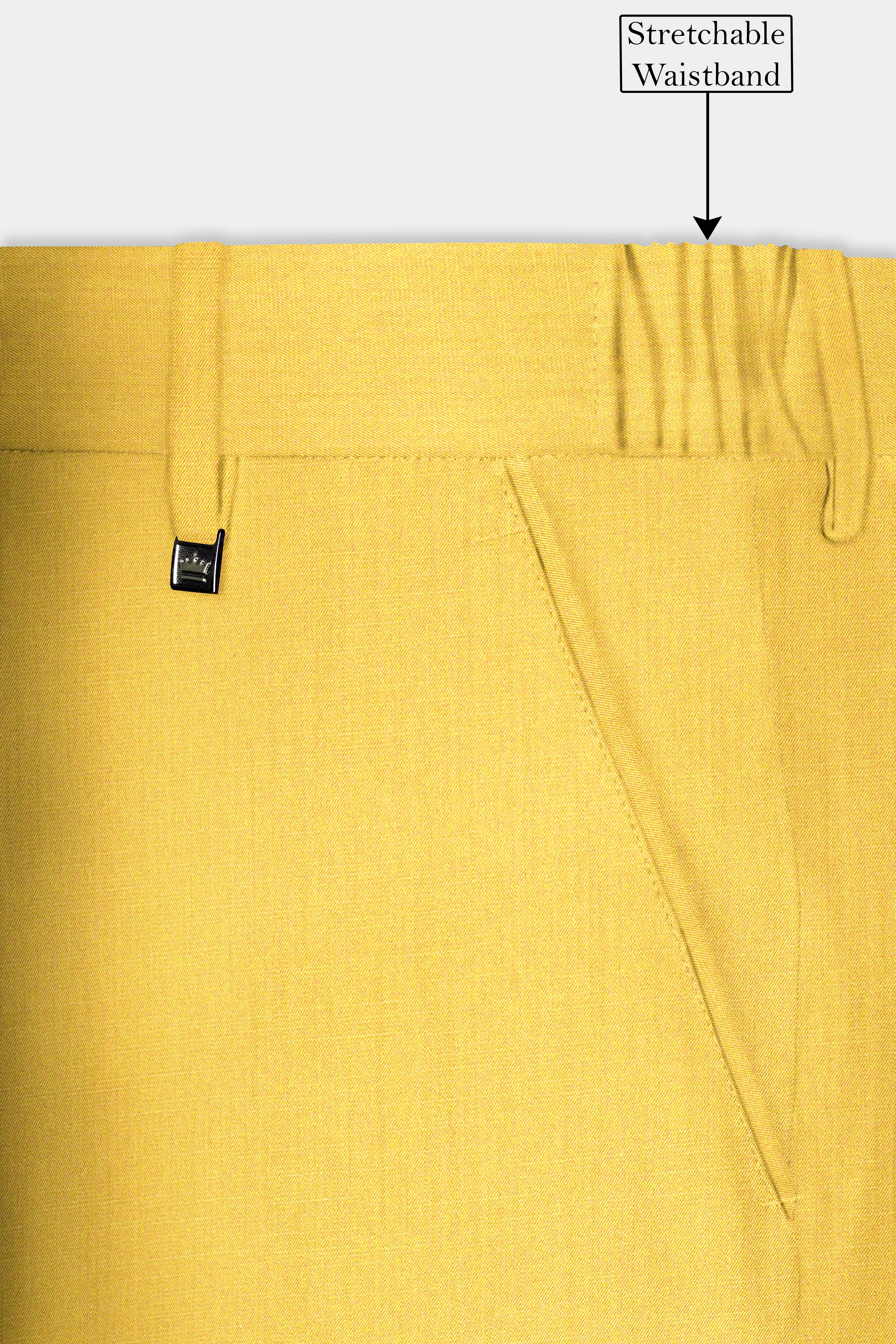 Saffron Elegance-Lemon Yellow Solid Wool Rich Slight Stretch Waistband Pant