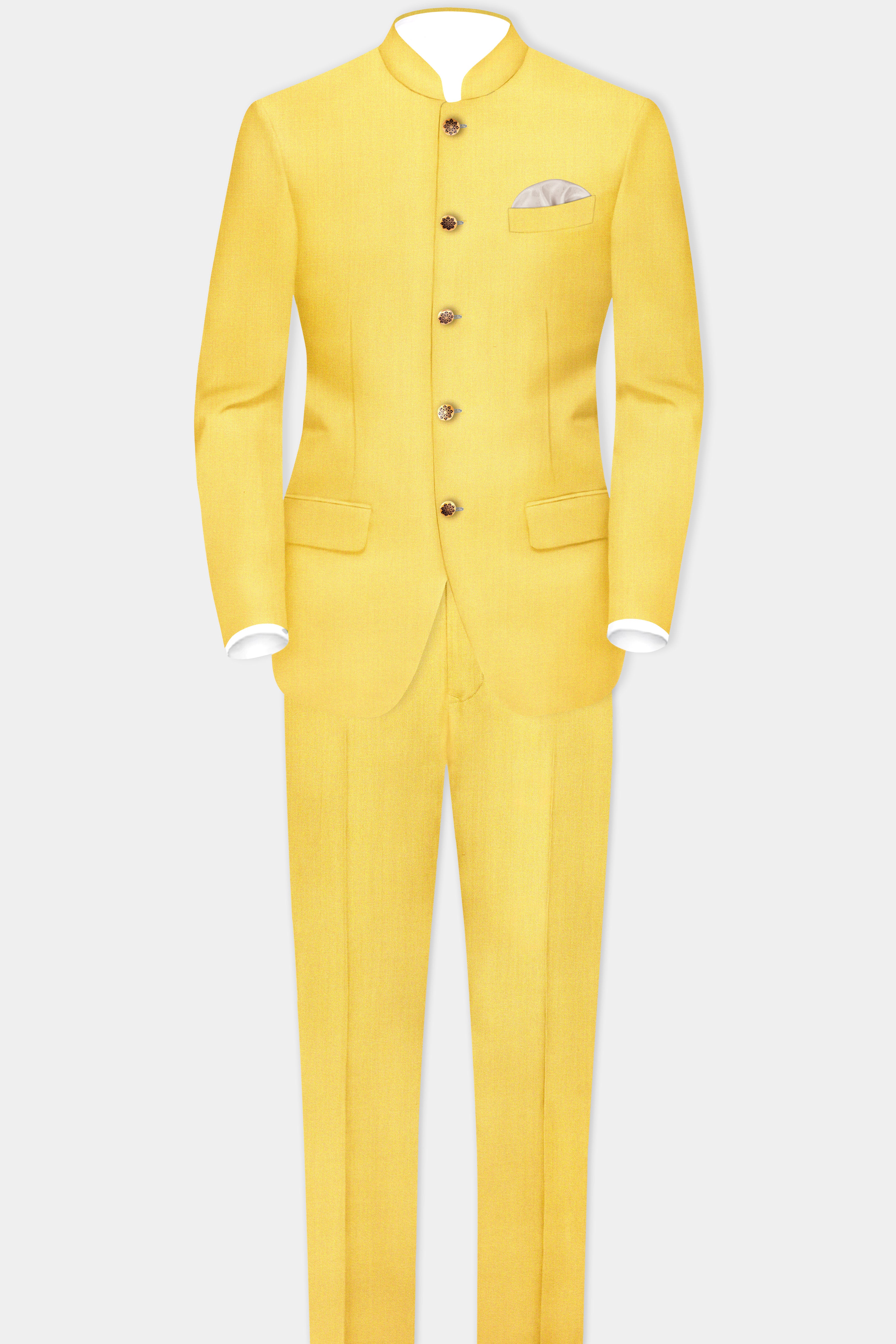 Saffron Elegance-Lemon Yellow Solid Wool Rich Slight Stretch Waistband Pant