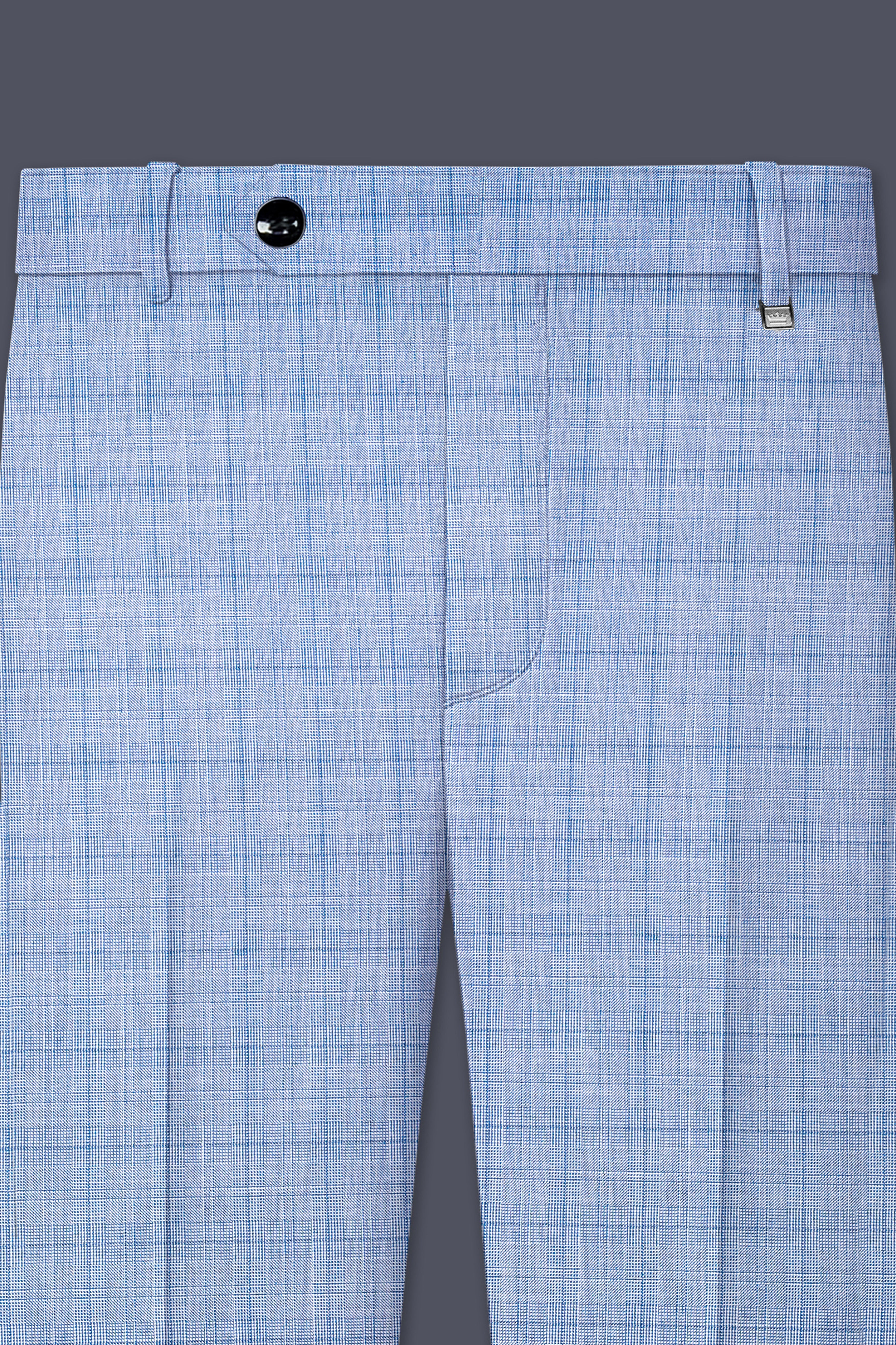 Aurelien-Cornflower Blue Windowpane Wool Rich Stretchable Waistband Pant