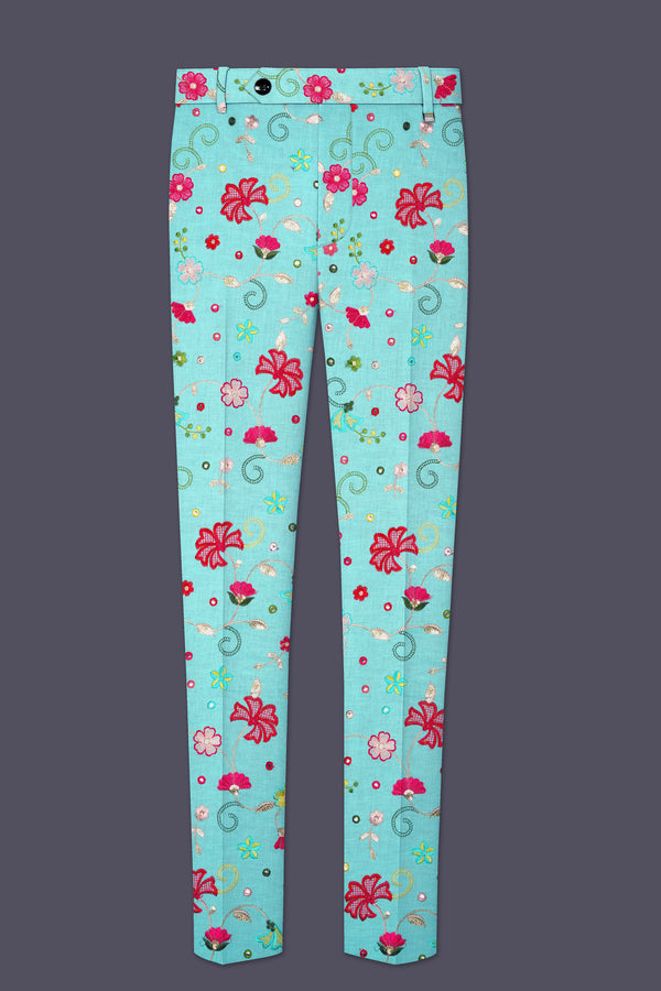 Rosavon-Cyan Blue and Charm Pink Floral Cotton Thread Embroidered Designer Stretchable Waistband Pant