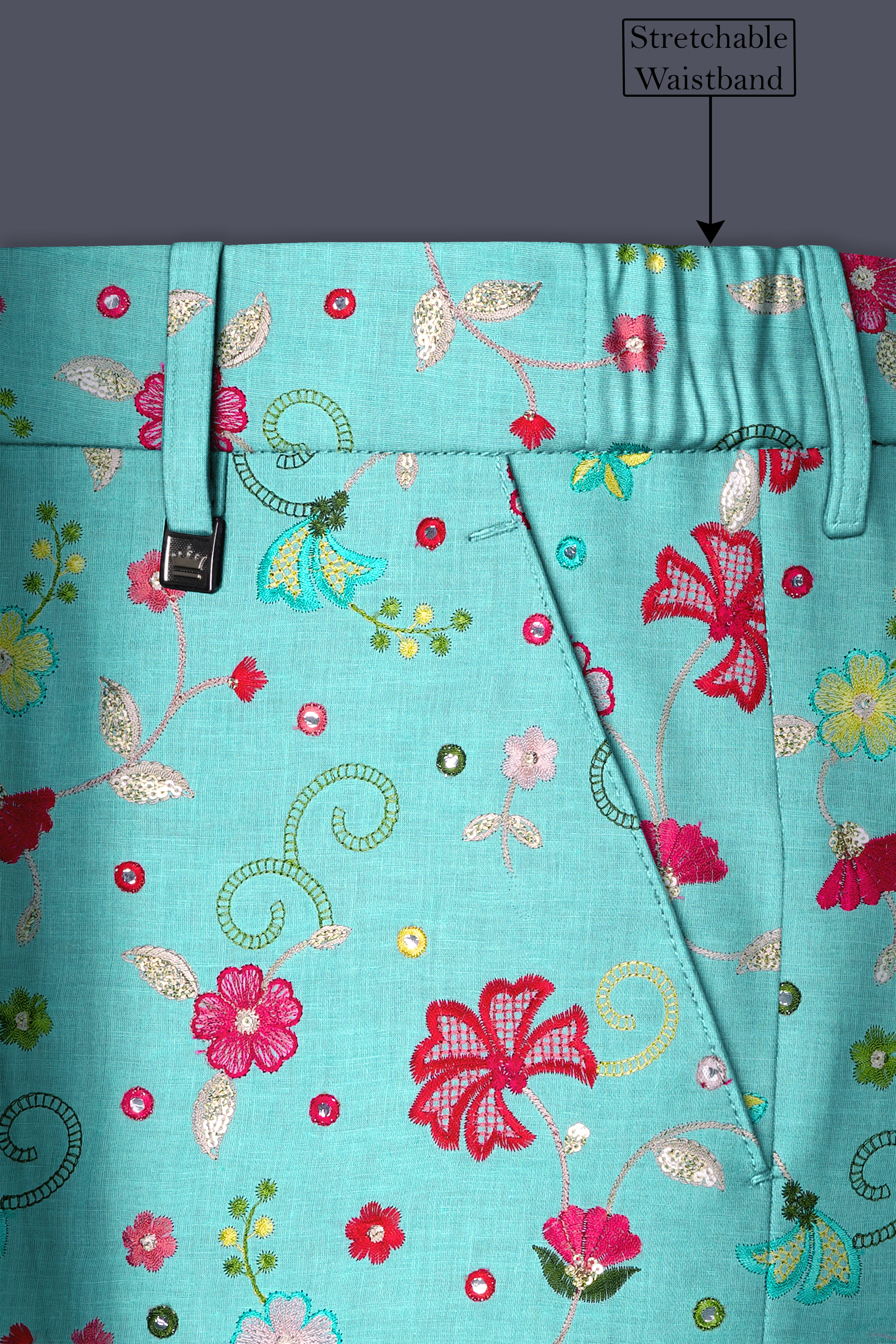 Rosavon-Cyan Blue and Charm Pink Floral Cotton Thread Embroidered Designer Stretchable Waistband Pant