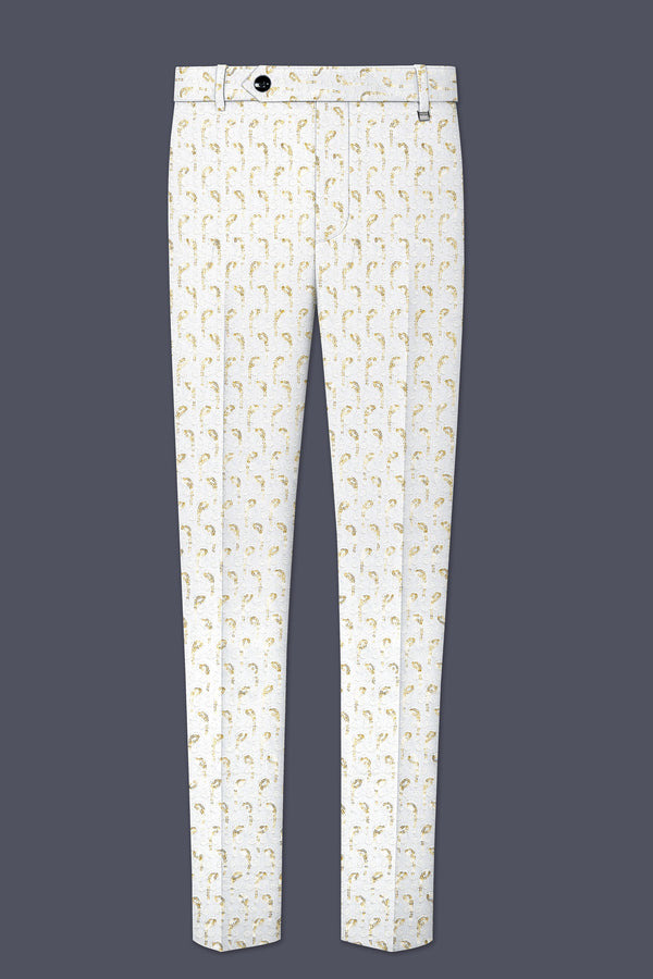 Sequenza-Bright White Leaves Pattern Sequin Embroidered Viscose Designer Stretchable Waistband Pant