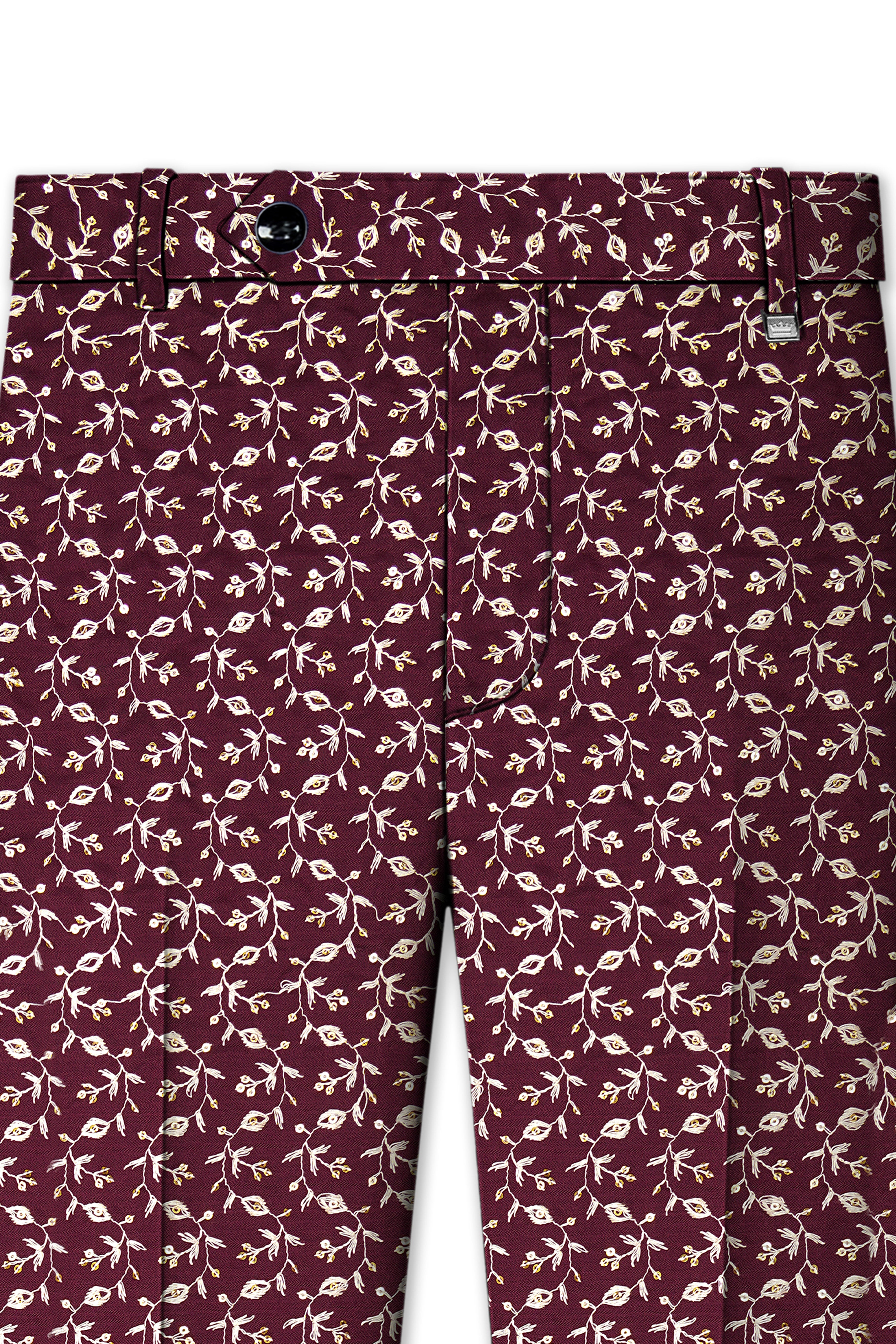 Rosencia-Mulberry Maroon Viscose Ditsy Embroidered With Tikki Work Designer Stretchable Waistband Pant
