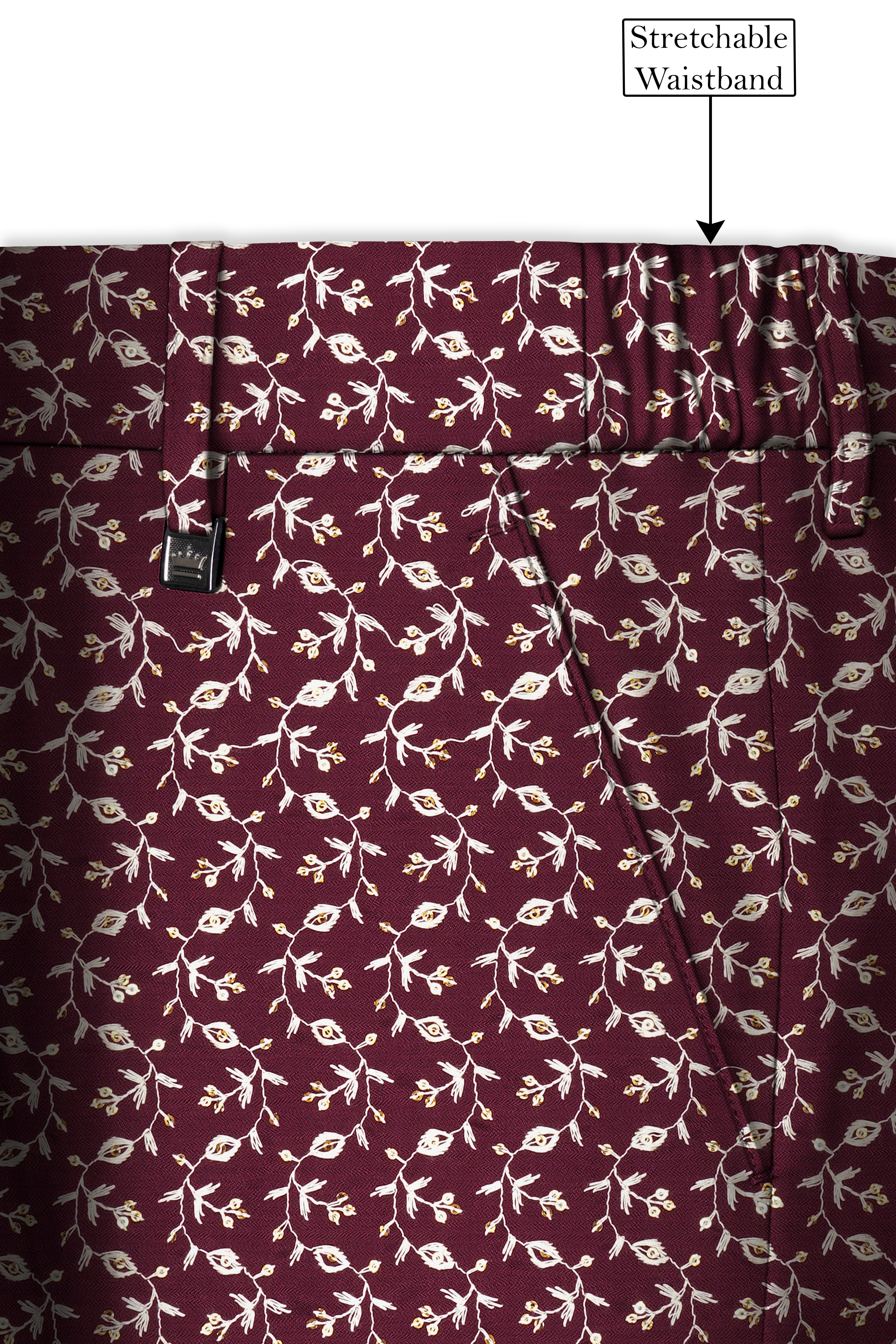 Rosencia-Mulberry Maroon Viscose Ditsy Embroidered With Tikki Work Designer Stretchable Waistband Pant