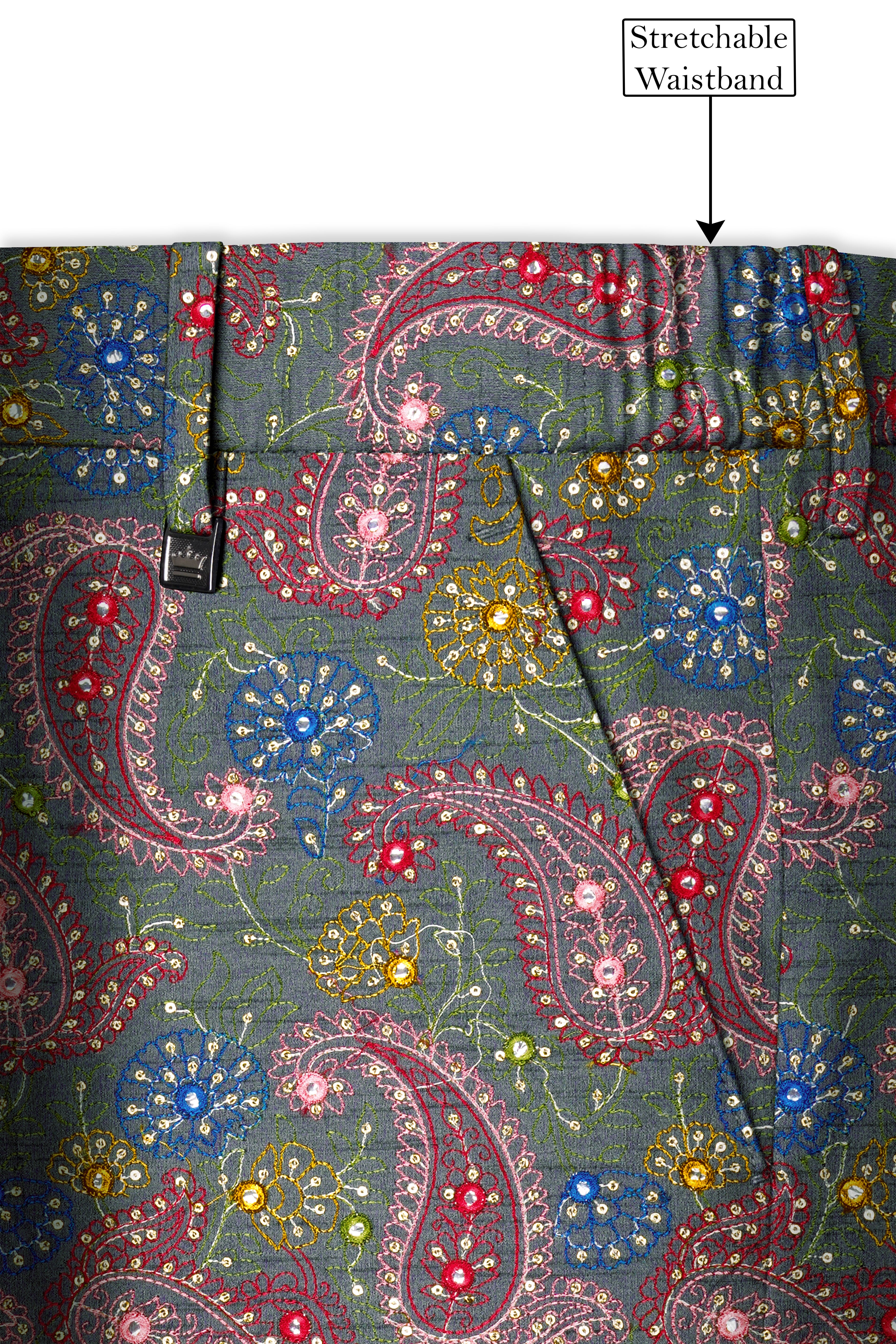 Paisora-Nickel Gray and Brink Pink Paisley Cotton Thread Embroidered Designer Stretchable Waistband Pant