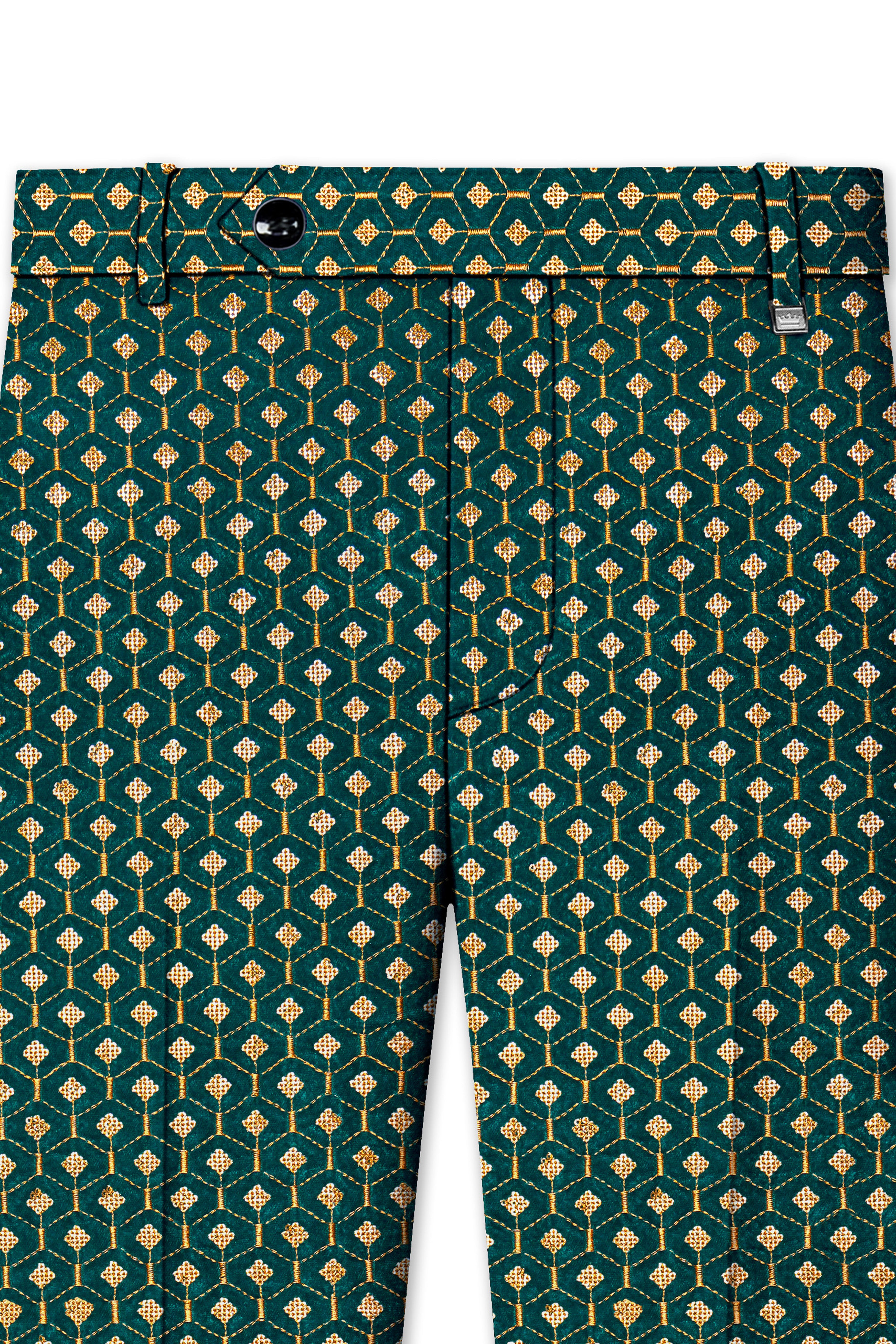 Aurevra-Sherpa Green and Givry Cream Hexagon Sequin and Thread Embroidered Designer Stretchable Waistband Pant