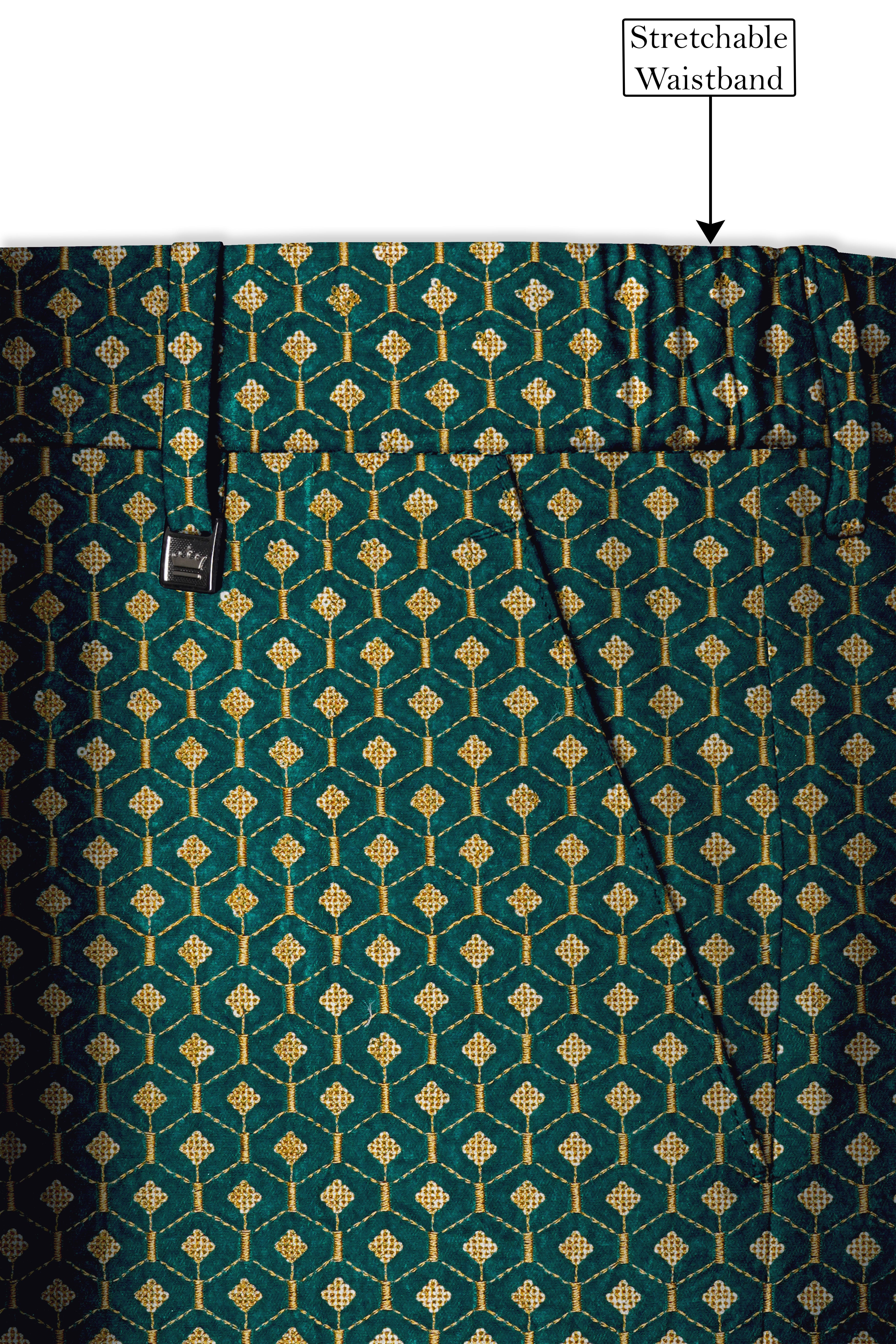 Aurevra-Sherpa Green and Givry Cream Hexagon Sequin and Thread Embroidered Designer Stretchable Waistband Pant