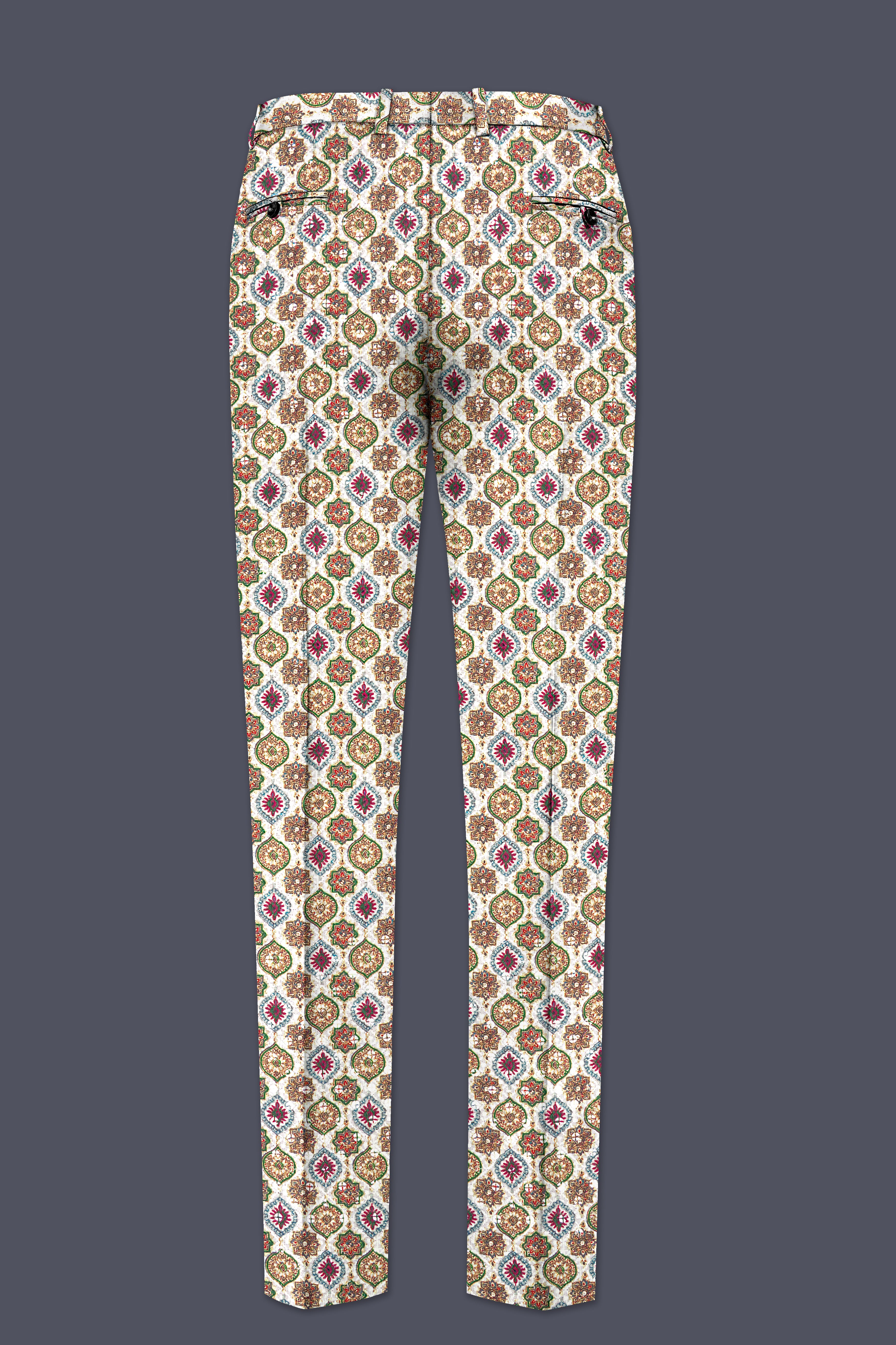 Alvesso-Bright White And Spruce Green Embroidered Designer Stretchable Waistband Pant