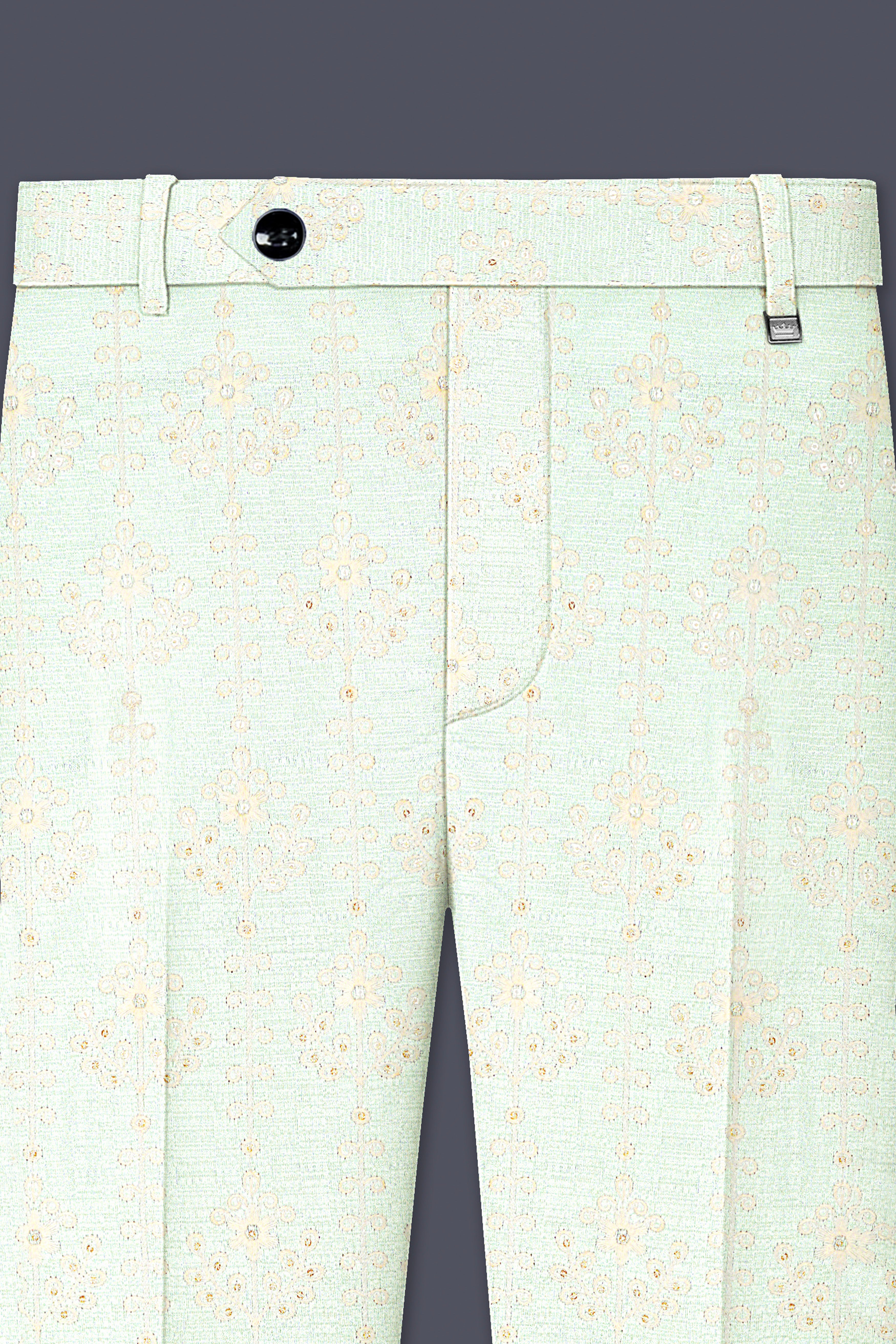 Finvera-Merino Cream with Finch Green Thread and Sequin Embroidered Designer Stretchable Waistband Pant