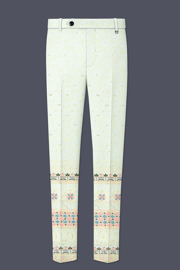 Auressa-merino Cream And Finch Green Multicolour Thread and Sequin Embroidered Designer Stretchable Waistband Pant
