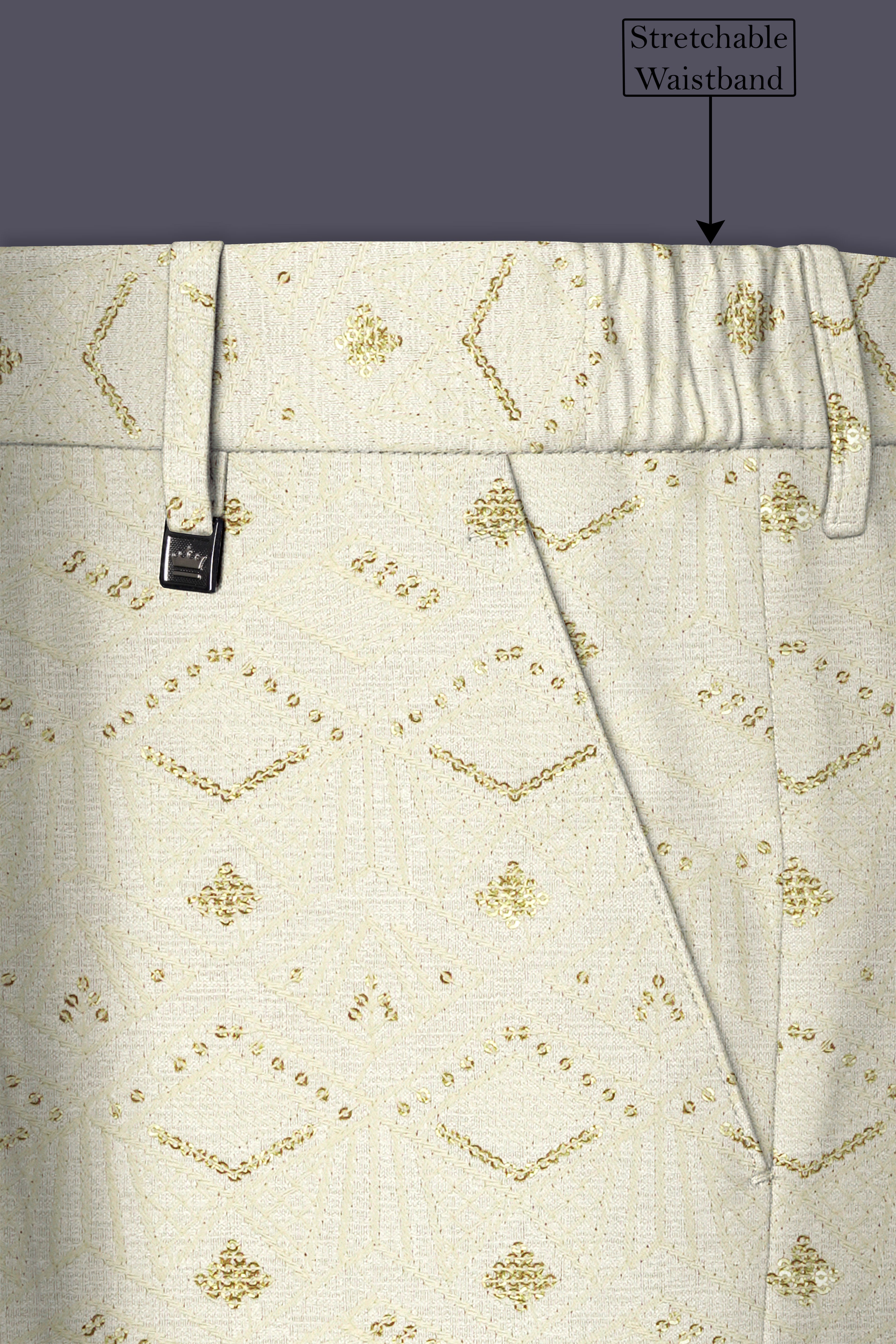 Ivrosa-Porcelain Cream and Apricot Peach Multicolour Thread and Sequin Embroidered Designer Stretchable Waistband Pant