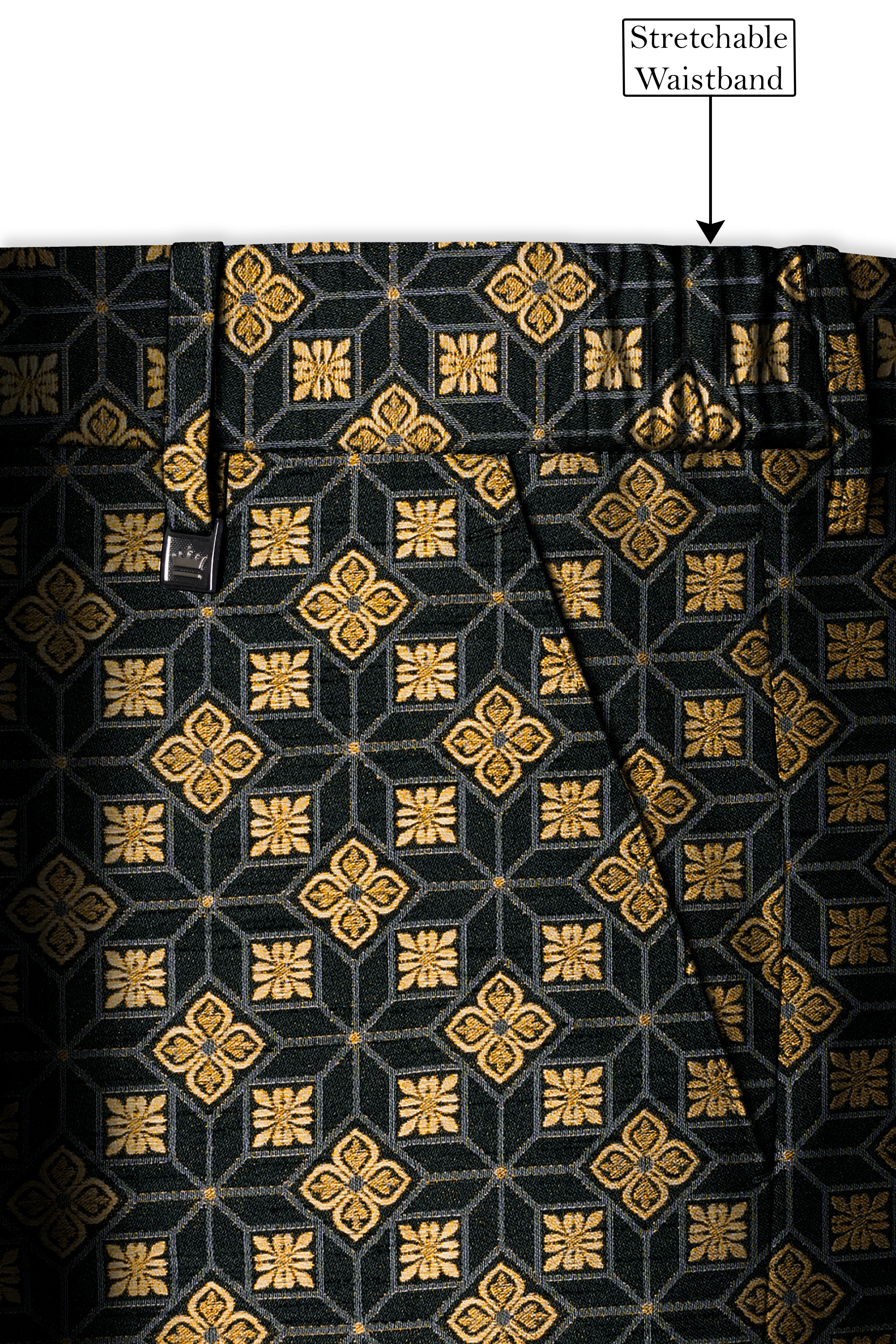 Geomaro-Cinder Black and Tan Brown Geometric Jacquard Textured Designer Stretchable Waistband Pant