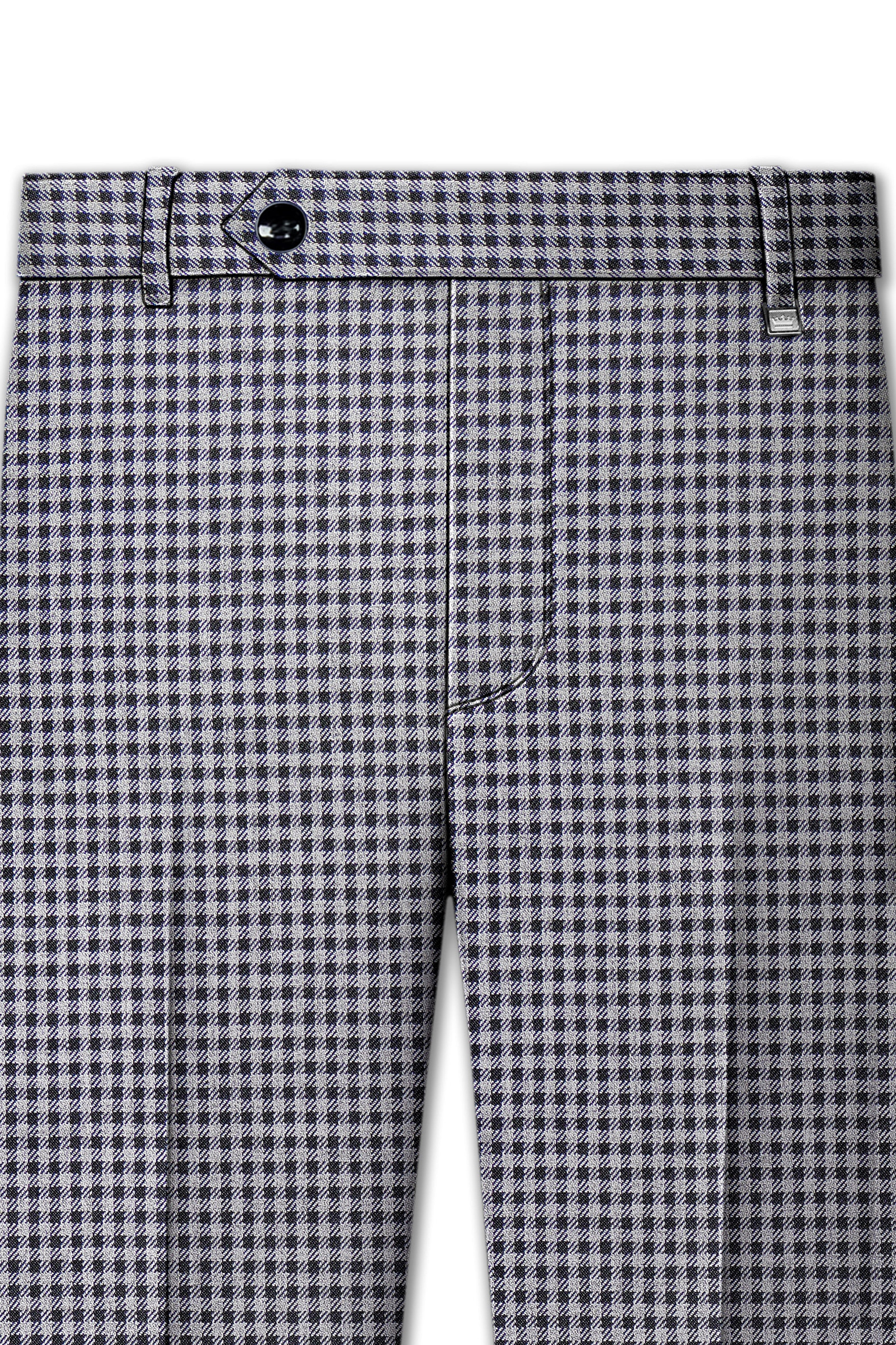 Graphite-Metallic Gray And Tuatara Gingham Plaid Tweed Stretchable Waistband Pant