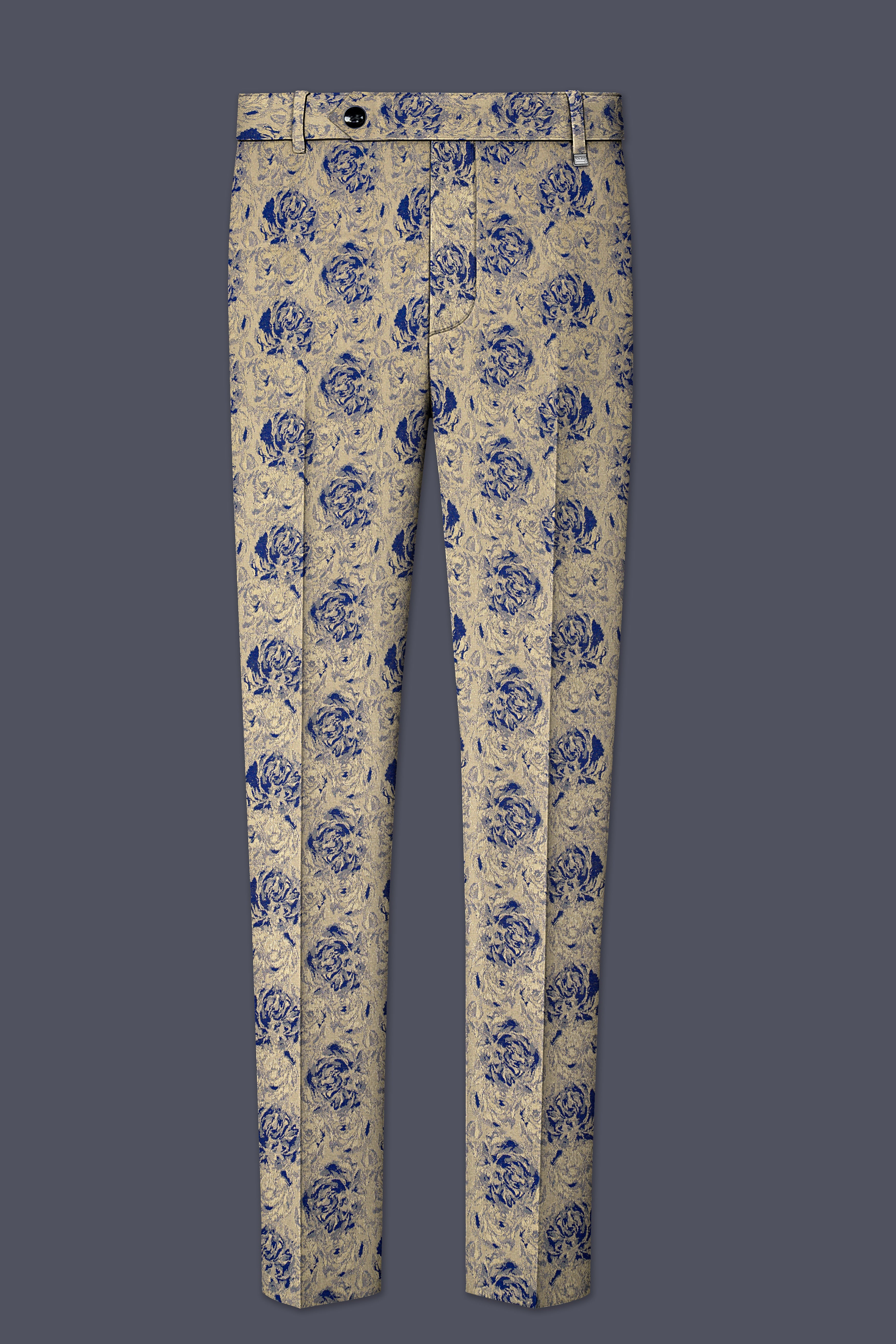Jacqoro-Gravel Blue and Golden Jacquard Textured Stretchable Waistband Pant