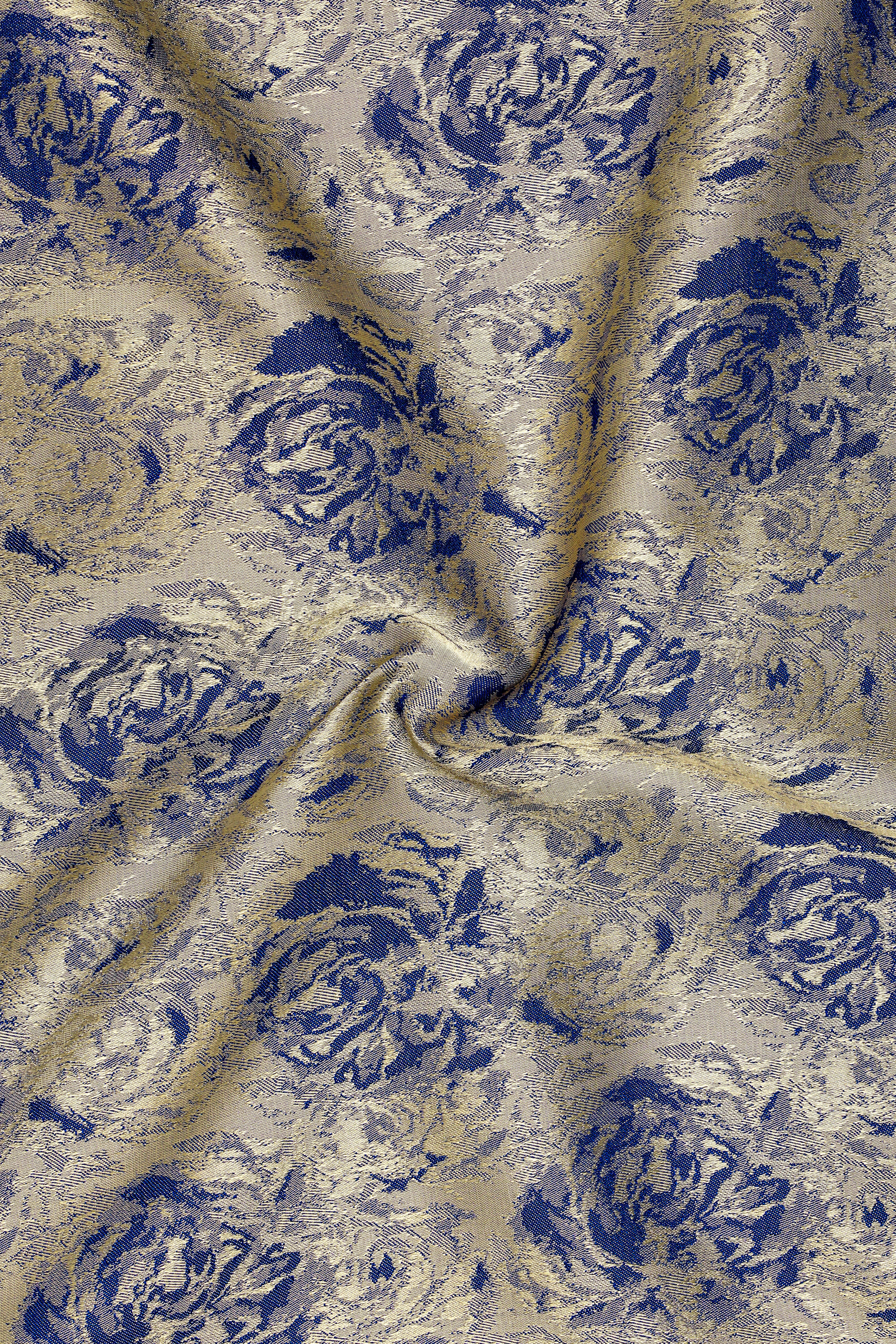 Jacqoro-Gravel Blue and Golden Jacquard Textured Stretchable Waistband Pant