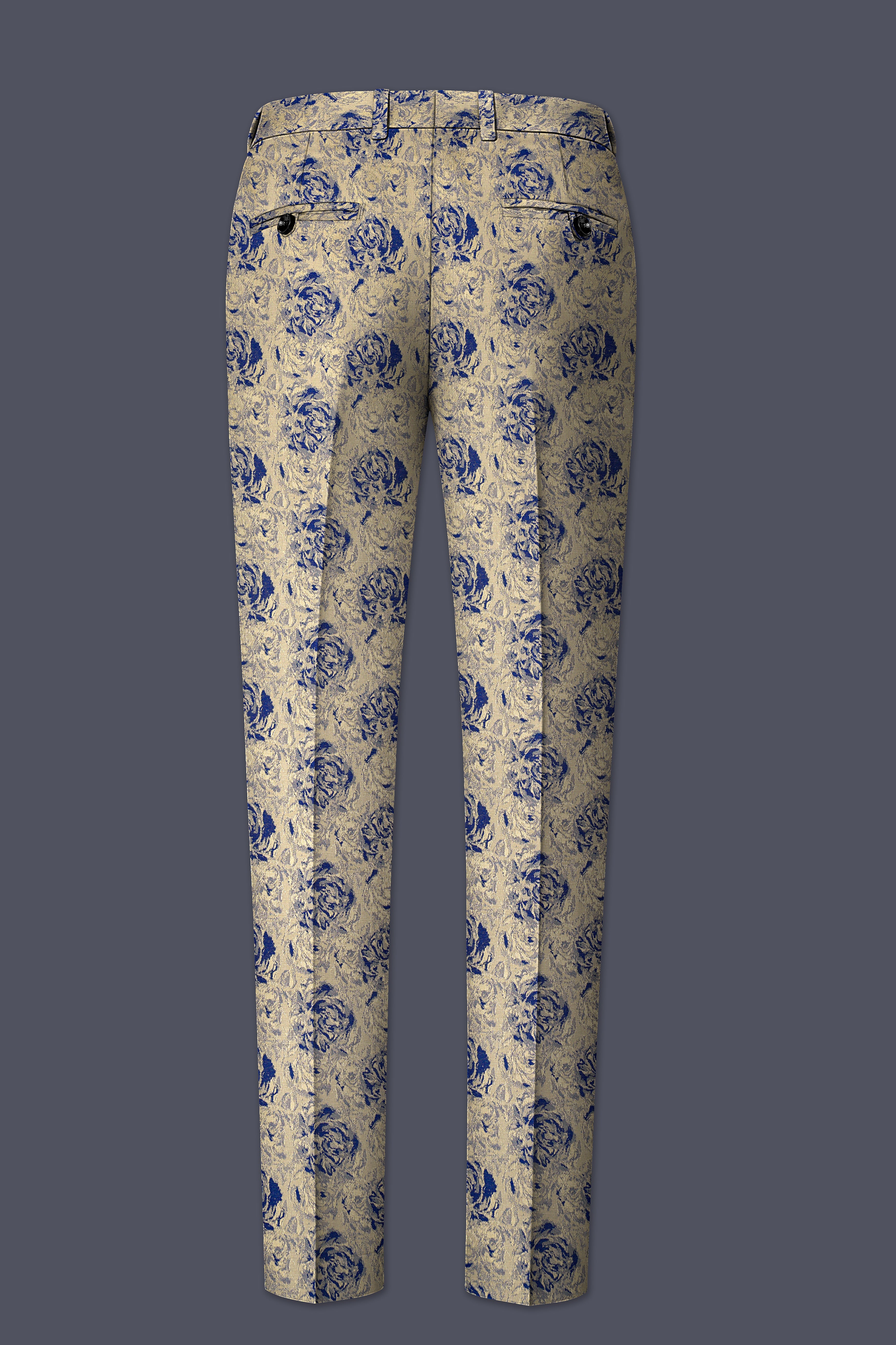 Jacqoro-Gravel Blue and Golden Jacquard Textured Stretchable Waistband Pant