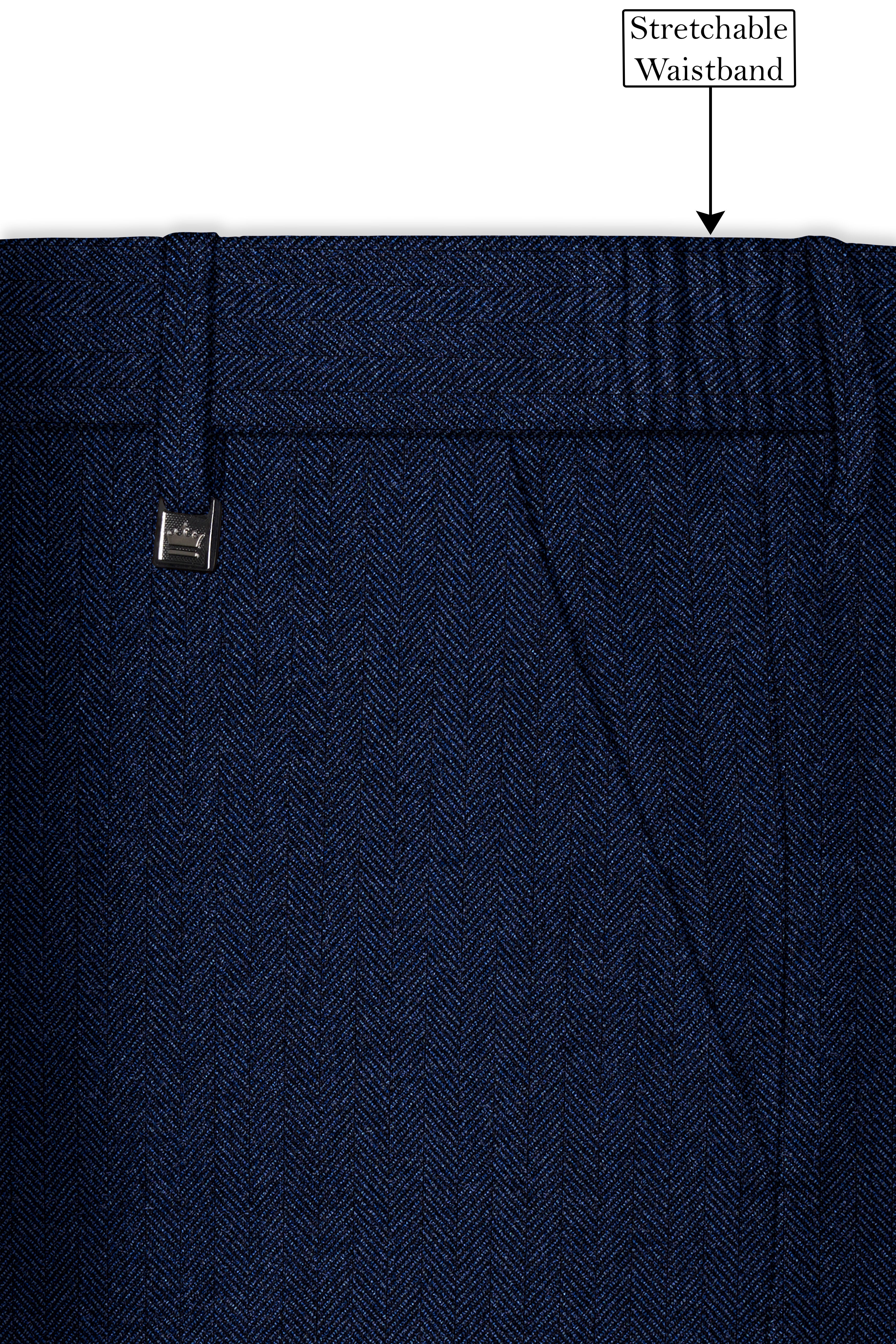 Aurevu-Vulcan Blue Herringbone Textured Tweed Stretchable Waistband Pant