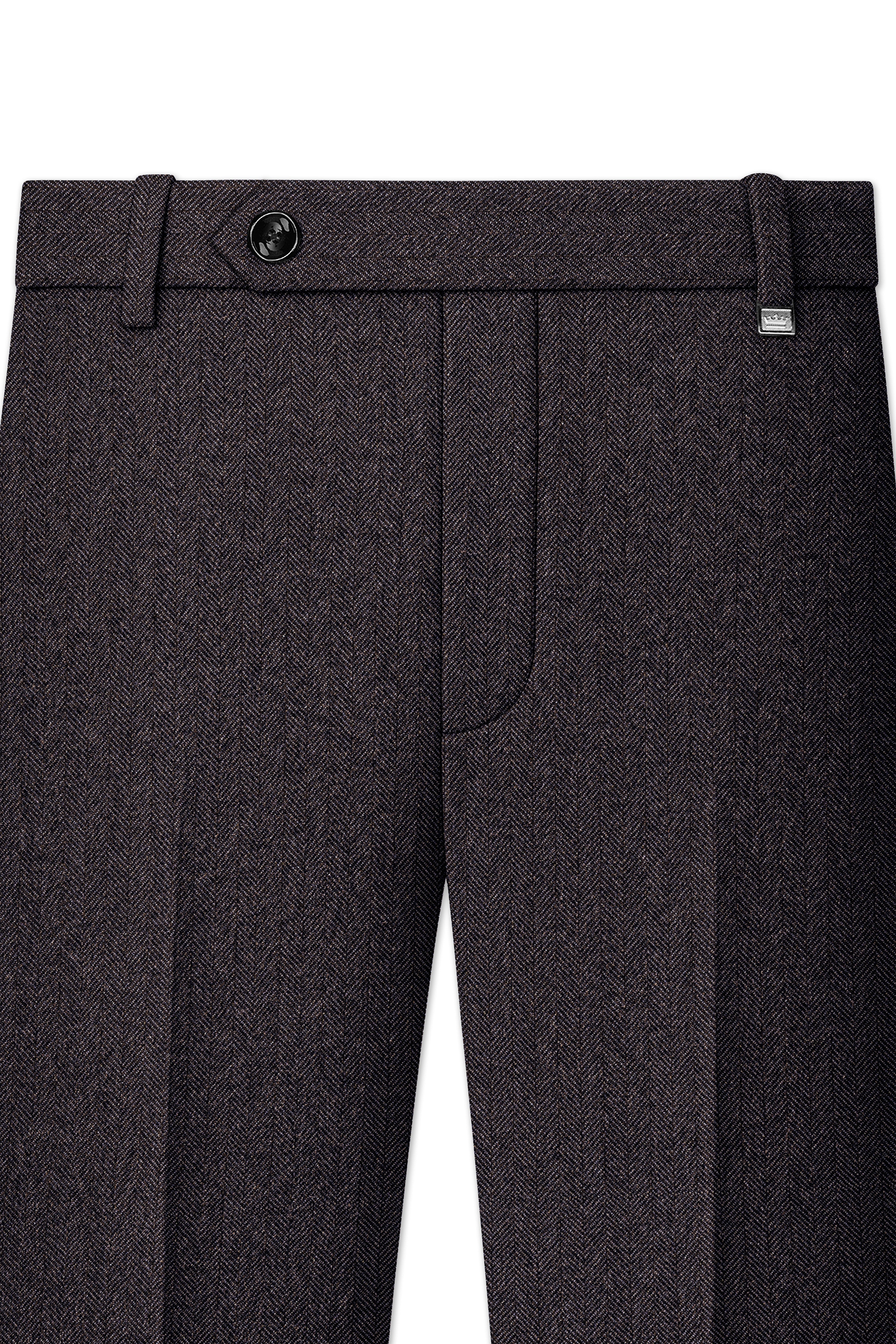 Aurezion-Zeus Brown Herringbone Textured Tweed Stretchable Waistband Pant