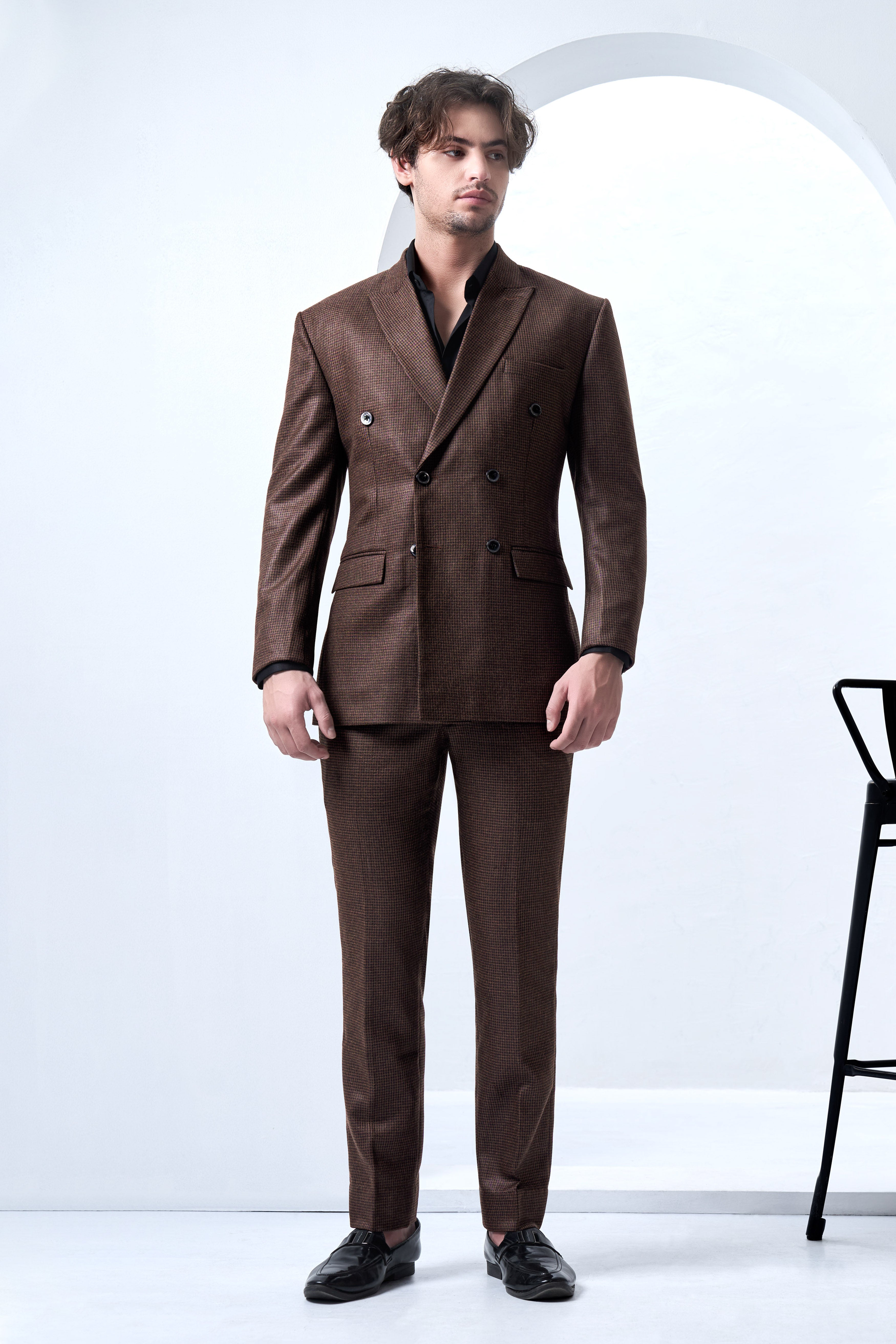 Sylvan-Woody Brown Classic Houndstooth Textured Tweed Stretchable Waistband Pant