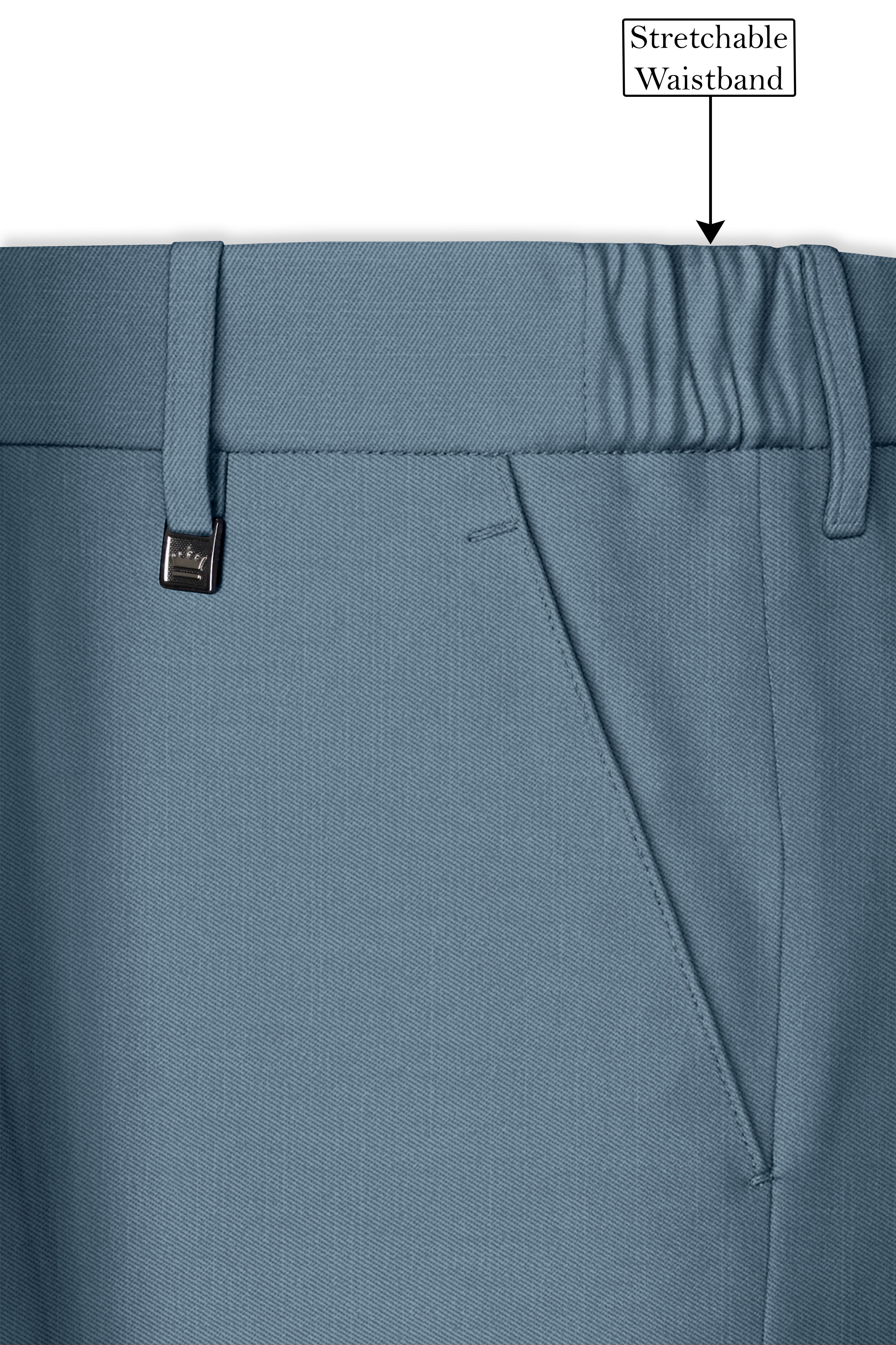 Sapphire-Fiord Blue Wool Rich Slight Stretch Waistband Pant
