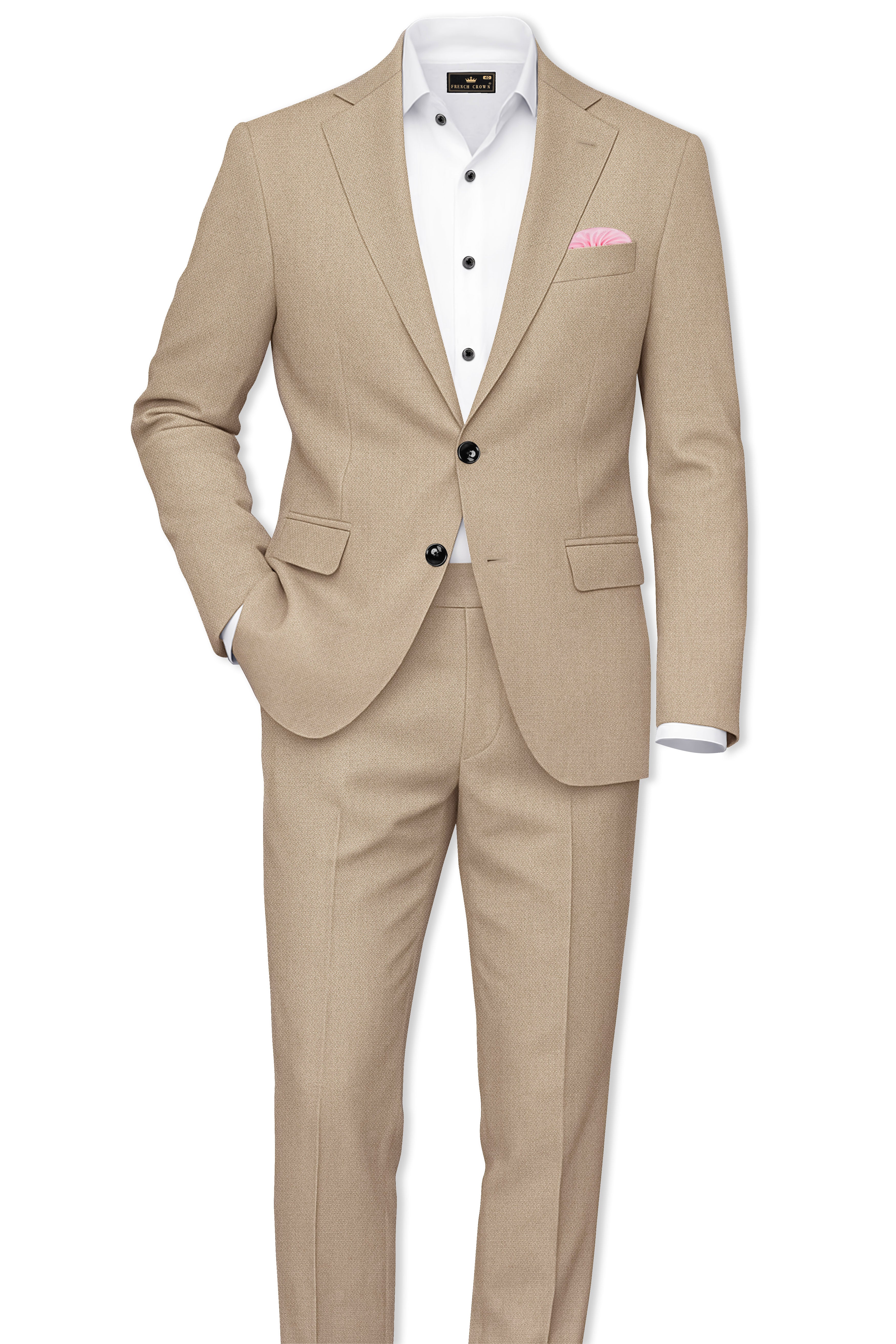 Sable-Mongoose Cream Diamond Textured Wool Rich Slight Stretch Waistband Pant