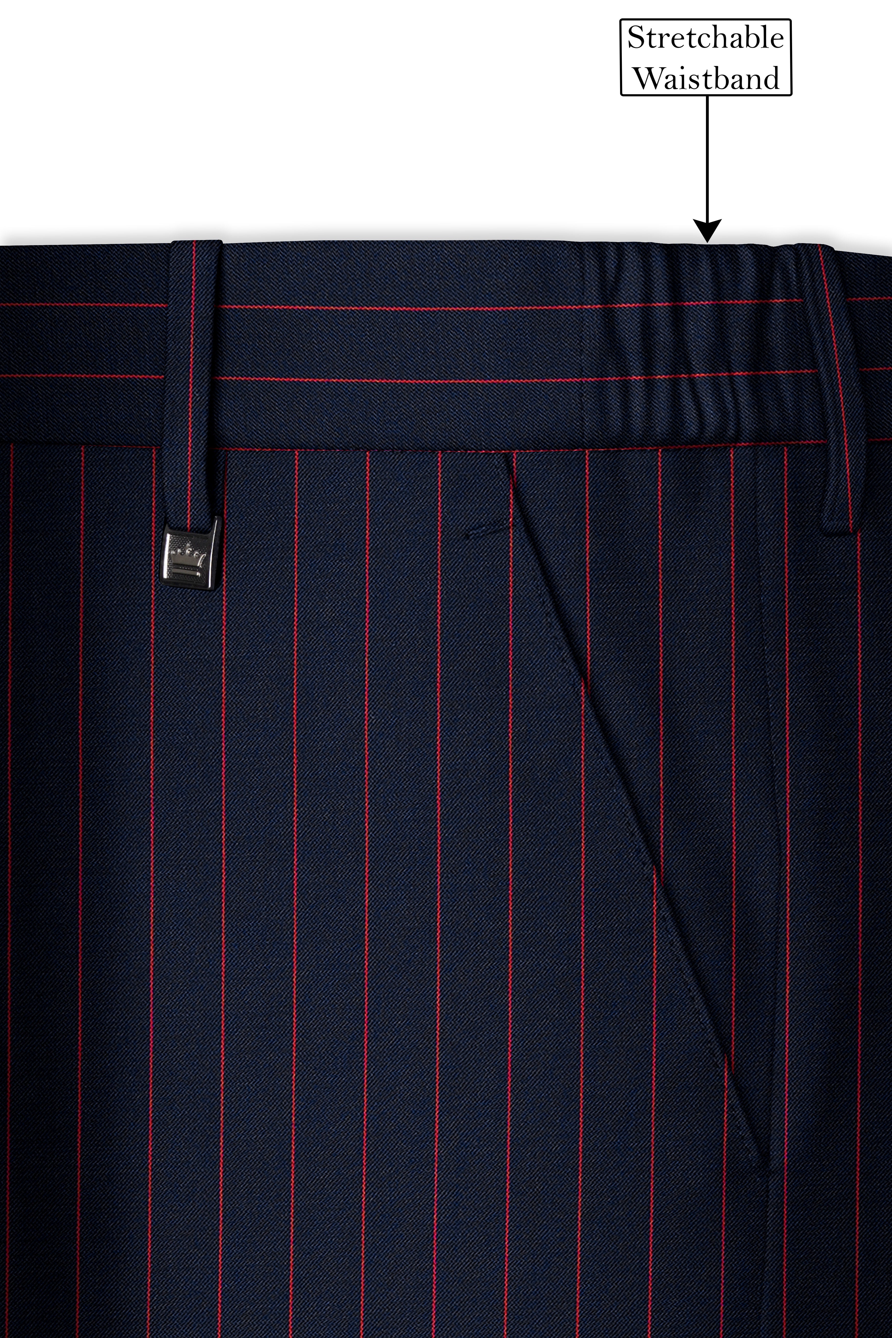 Striata-Haiti Blue And Brick Pink Chalk Striped Wool Rich Slight Stretch Waistband Pant