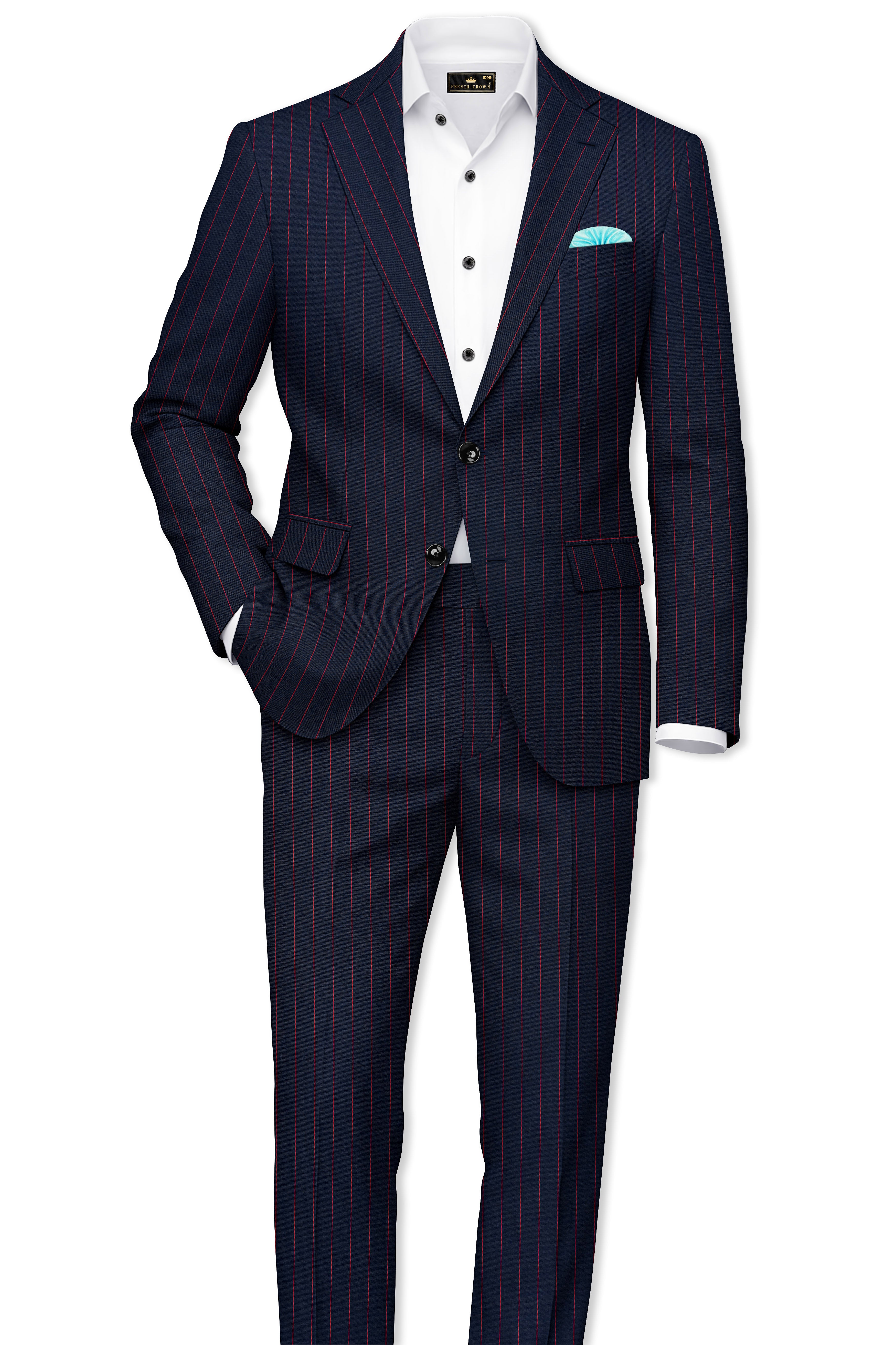 Striata-Haiti Blue And Brick Pink Chalk Striped Wool Rich Slight Stretch Waistband Pant