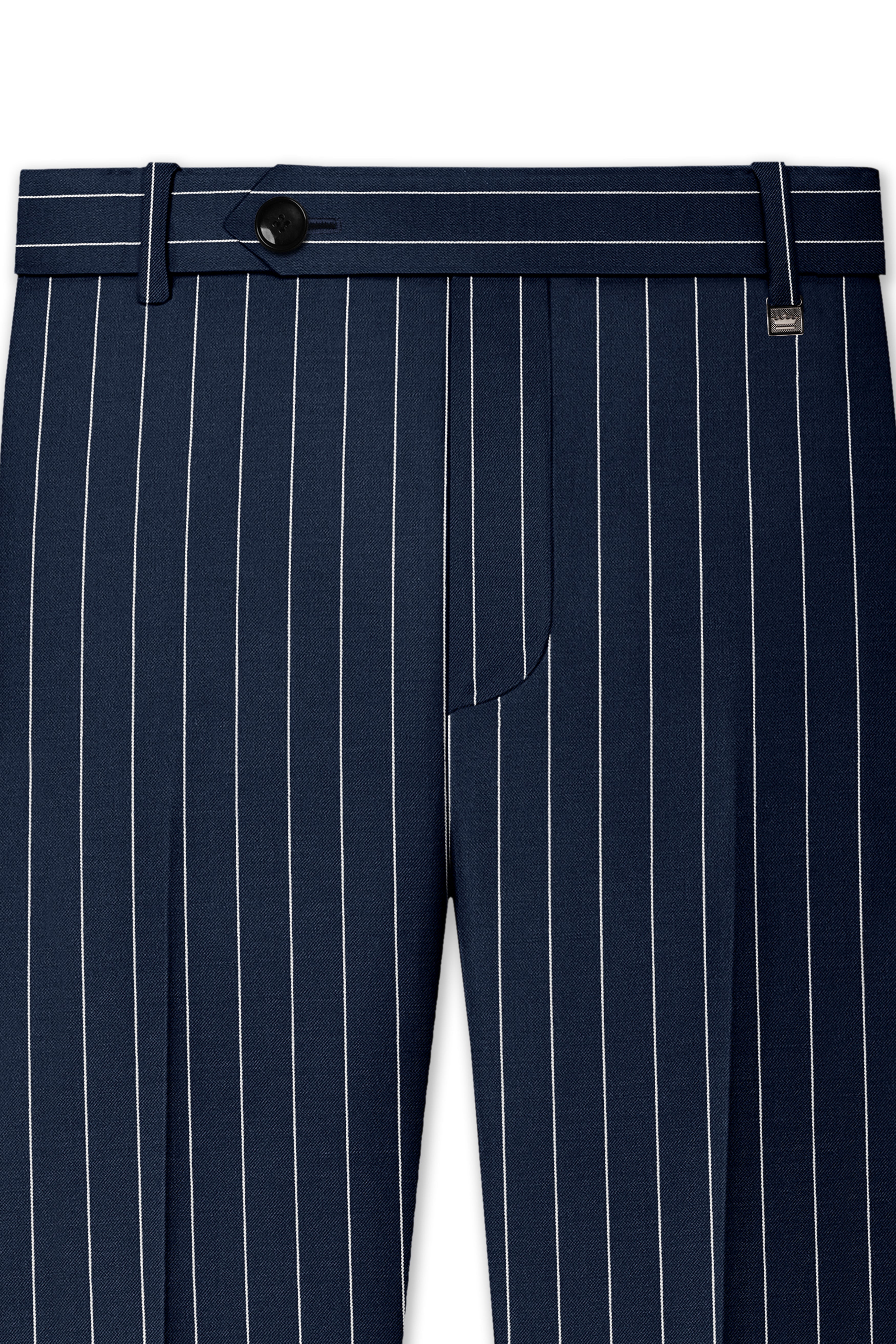 Azureon-Firefly Blue And Bright White Chalk Striped Wool Rich Slight Stretch Waistband Pant