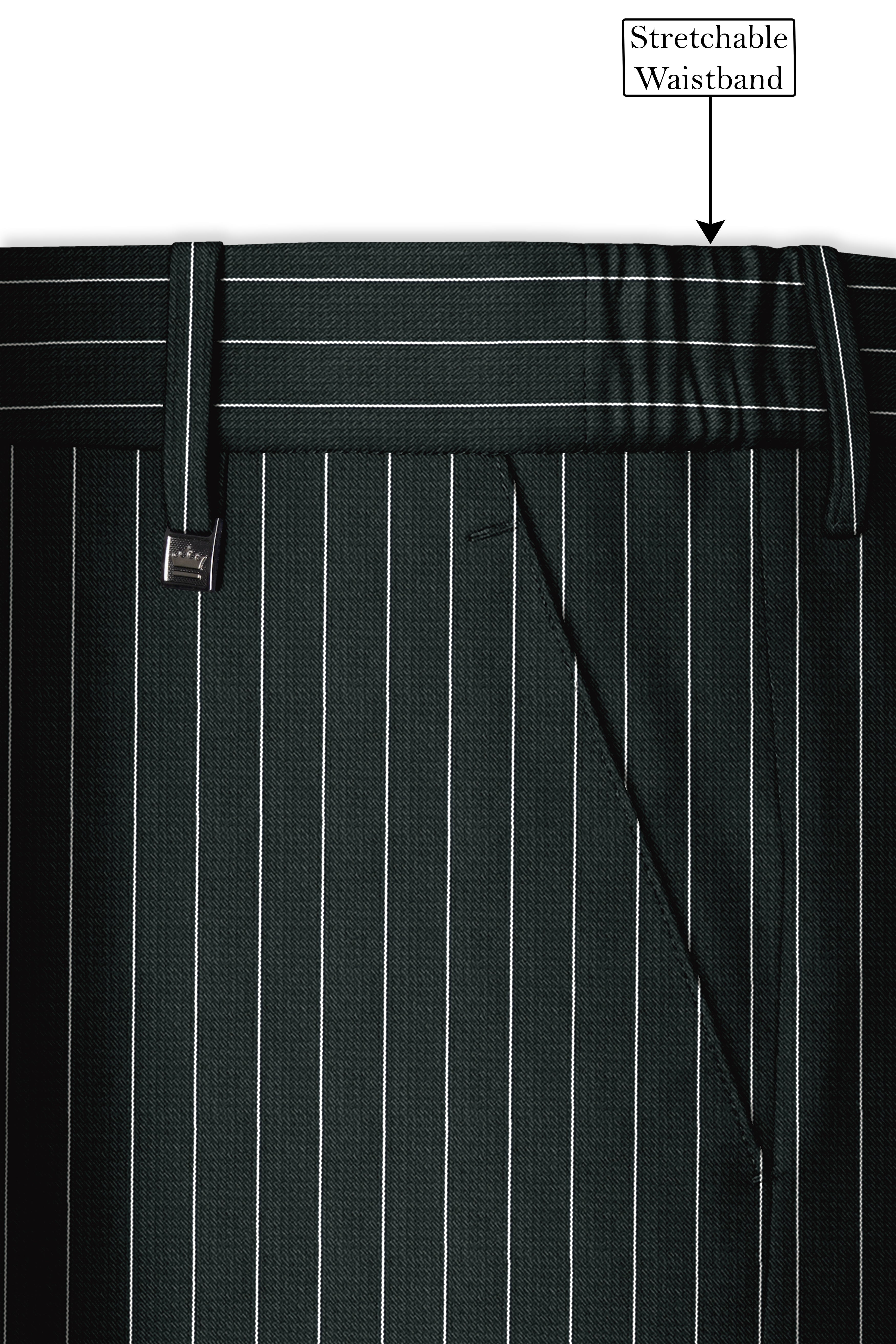 Viceroy-Hunter Green And Bright White Chalk Striped Wool Rich Slight Stretch Waistband Pant