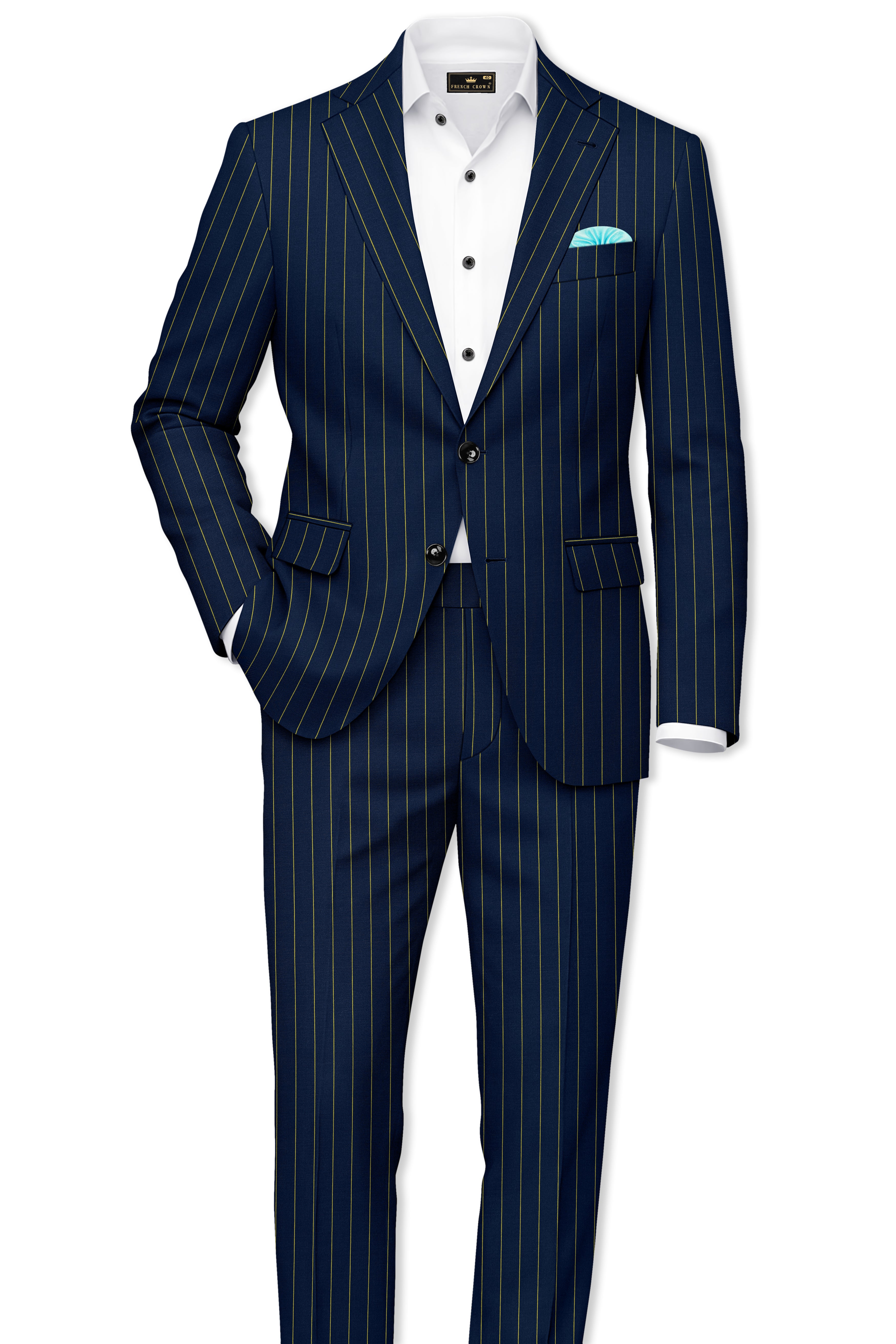 Aurum-Midnight Blue And Harvest Yellow Chalk Striped Wool Rich Slight Stretch Waistband Pant