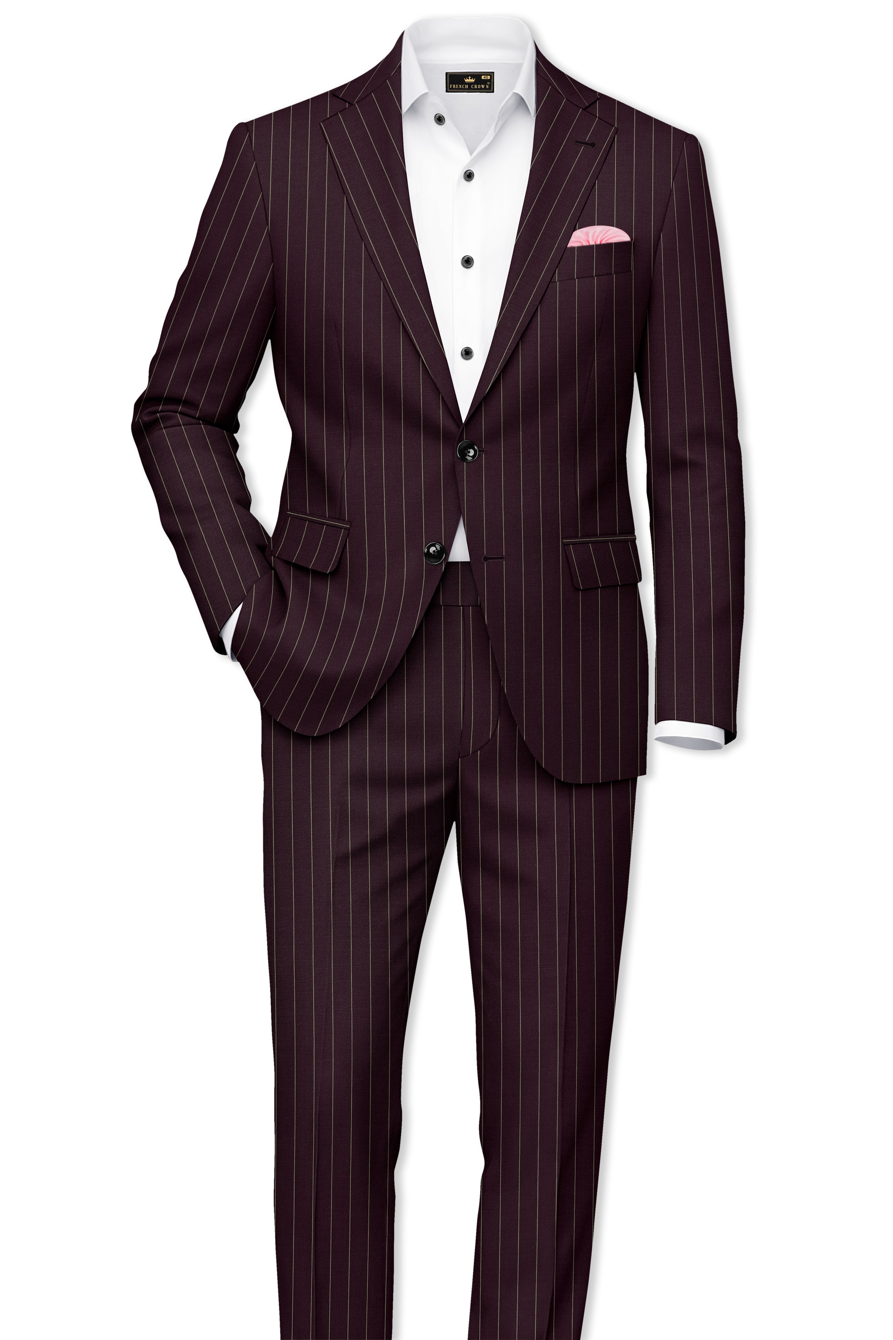 Valiant-Seal Maroon And Bright White Chalk Striped Wool Rich Slight Stretch Waistband Pant
