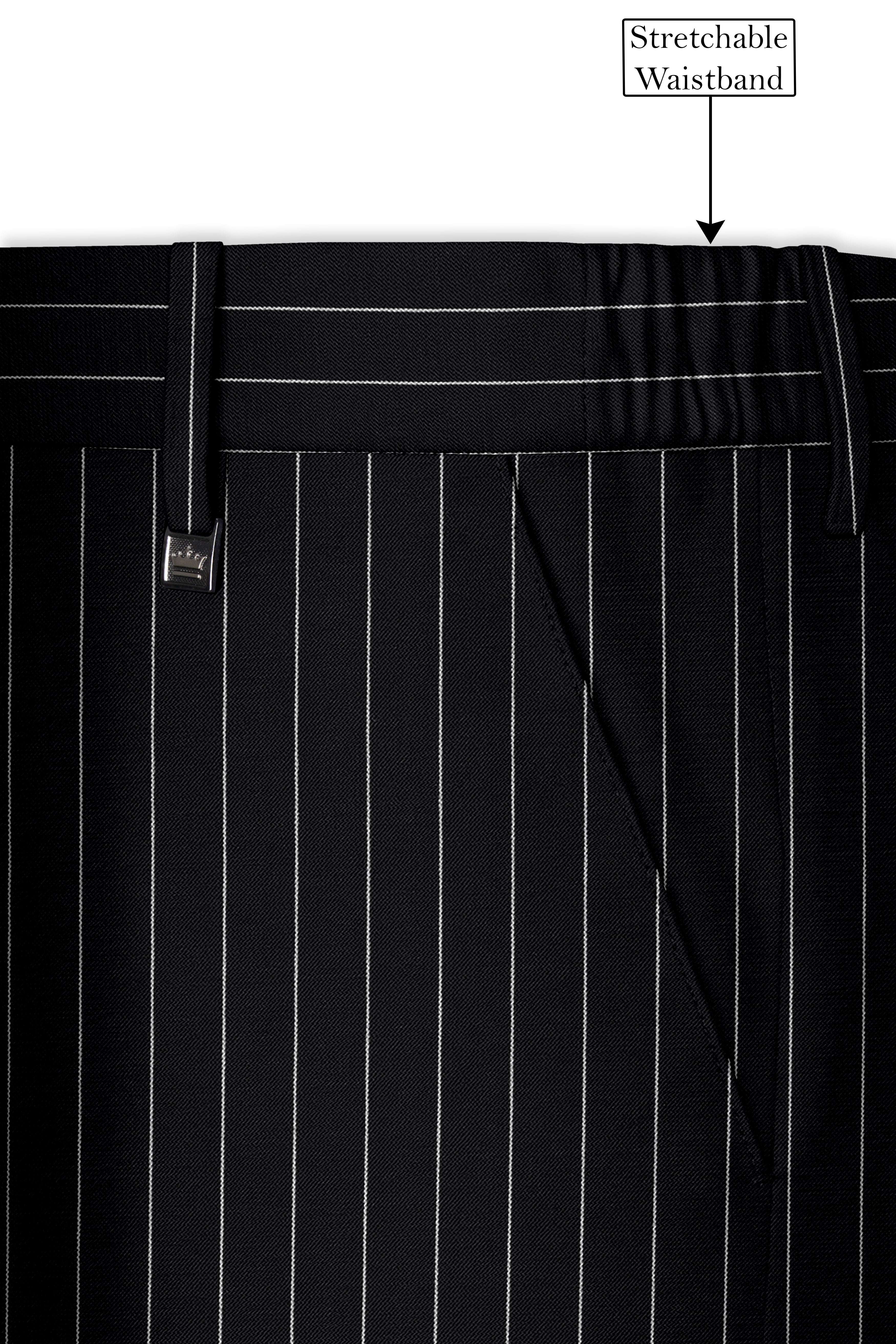 Veritas-Jade Black And Bright White Pin Striped Wool Rich Slight Stretch Waistband Pant
