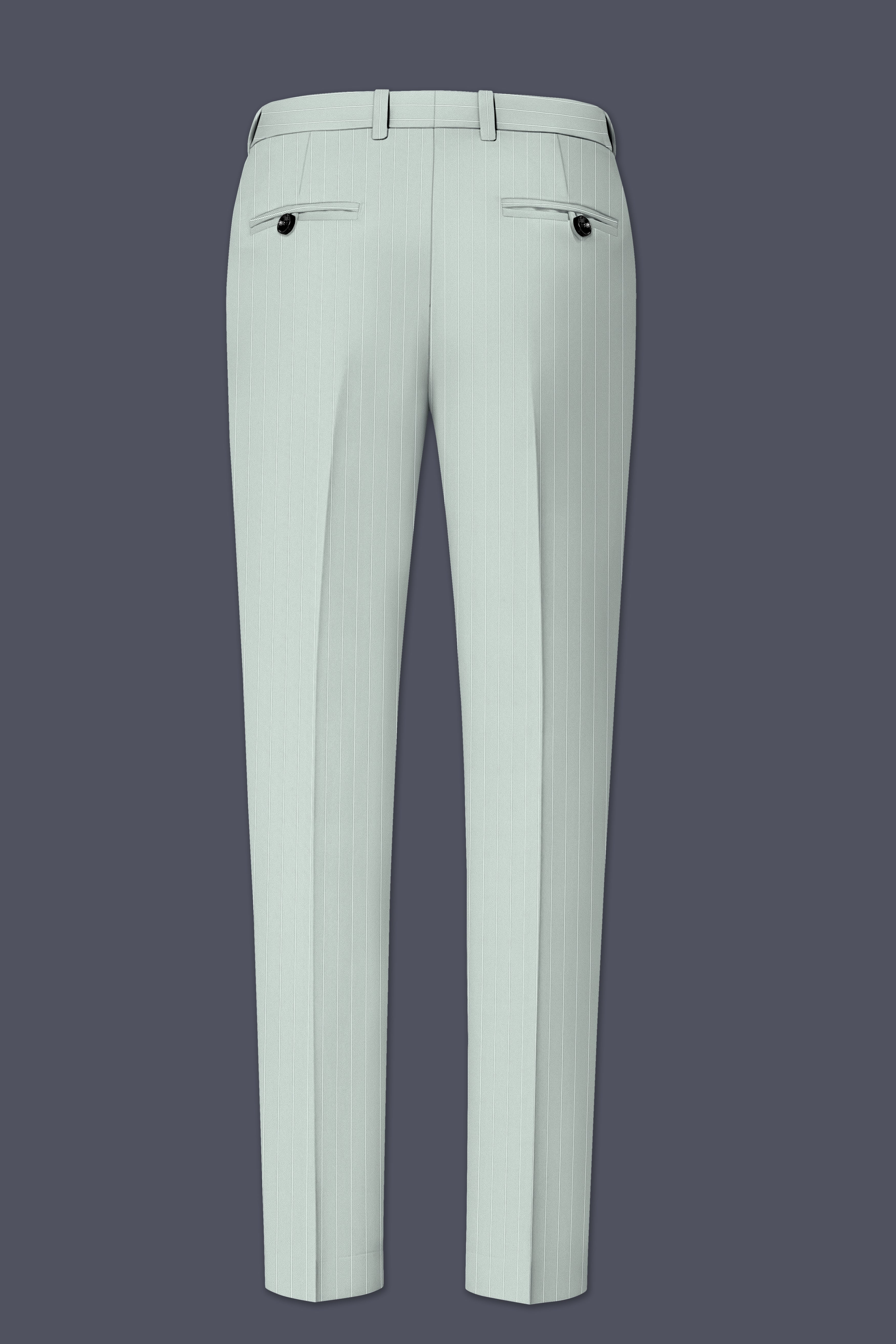 Halcyon-Pale Slate Green Herringbone Striped Wool Rich Slight Stretch Waistband Pant
