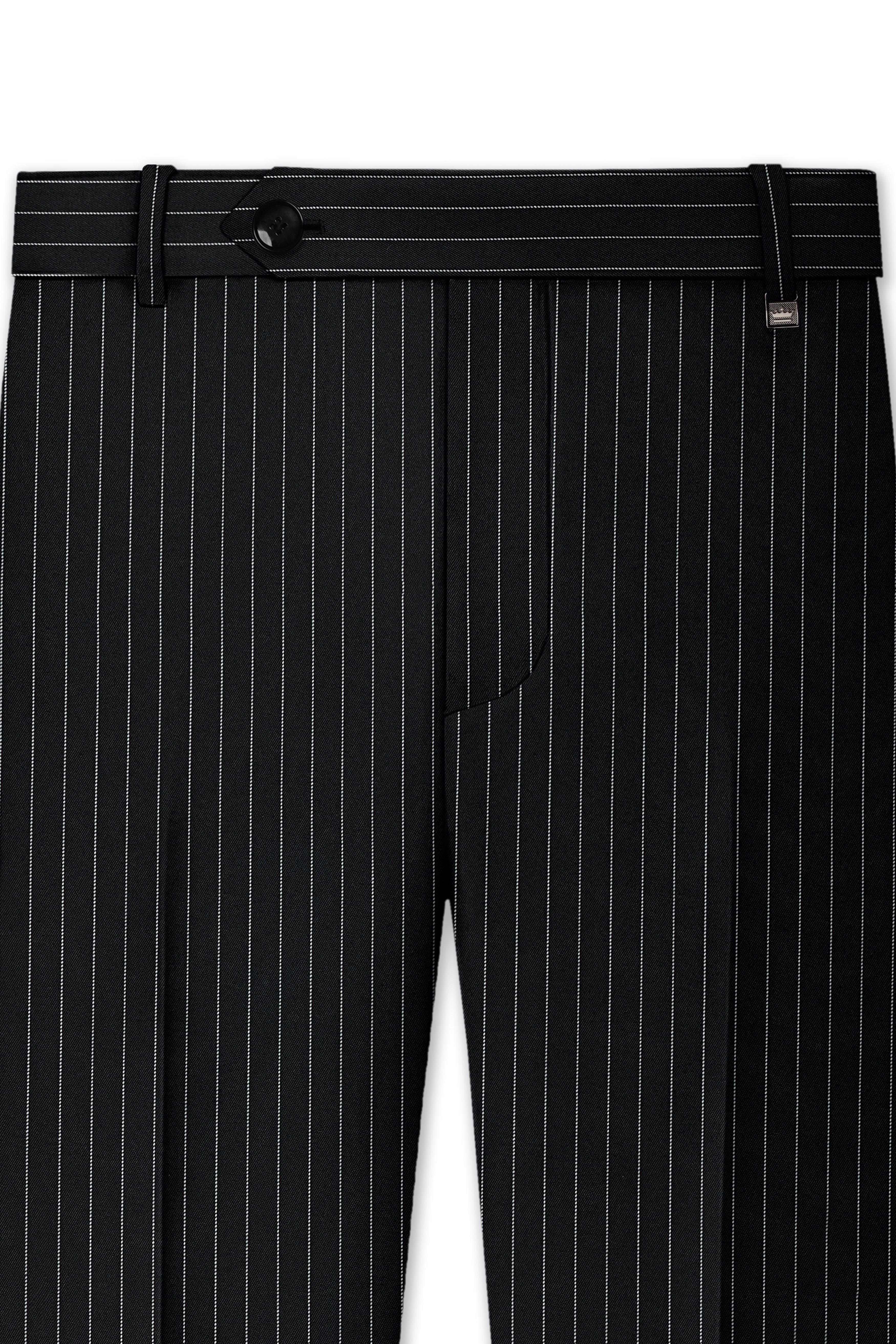 Strivon-Jade Black And Bright White Chalk Striped Wool Rich Slight Stretch Waistband Pant
