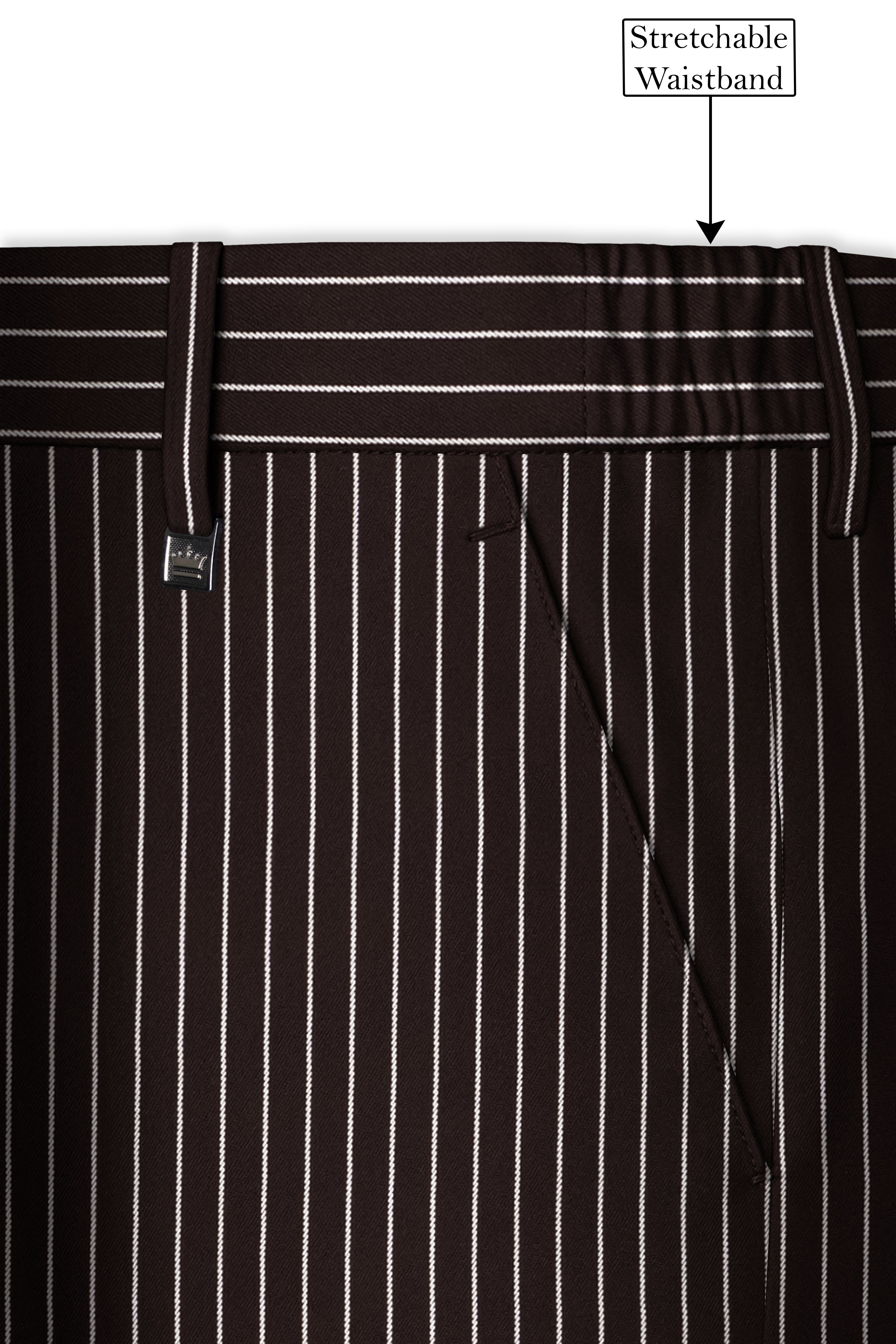 Bastion-Gondola Brown And Bright White Chalk Striped Wool Rich Slight Stretch Waistband Pant