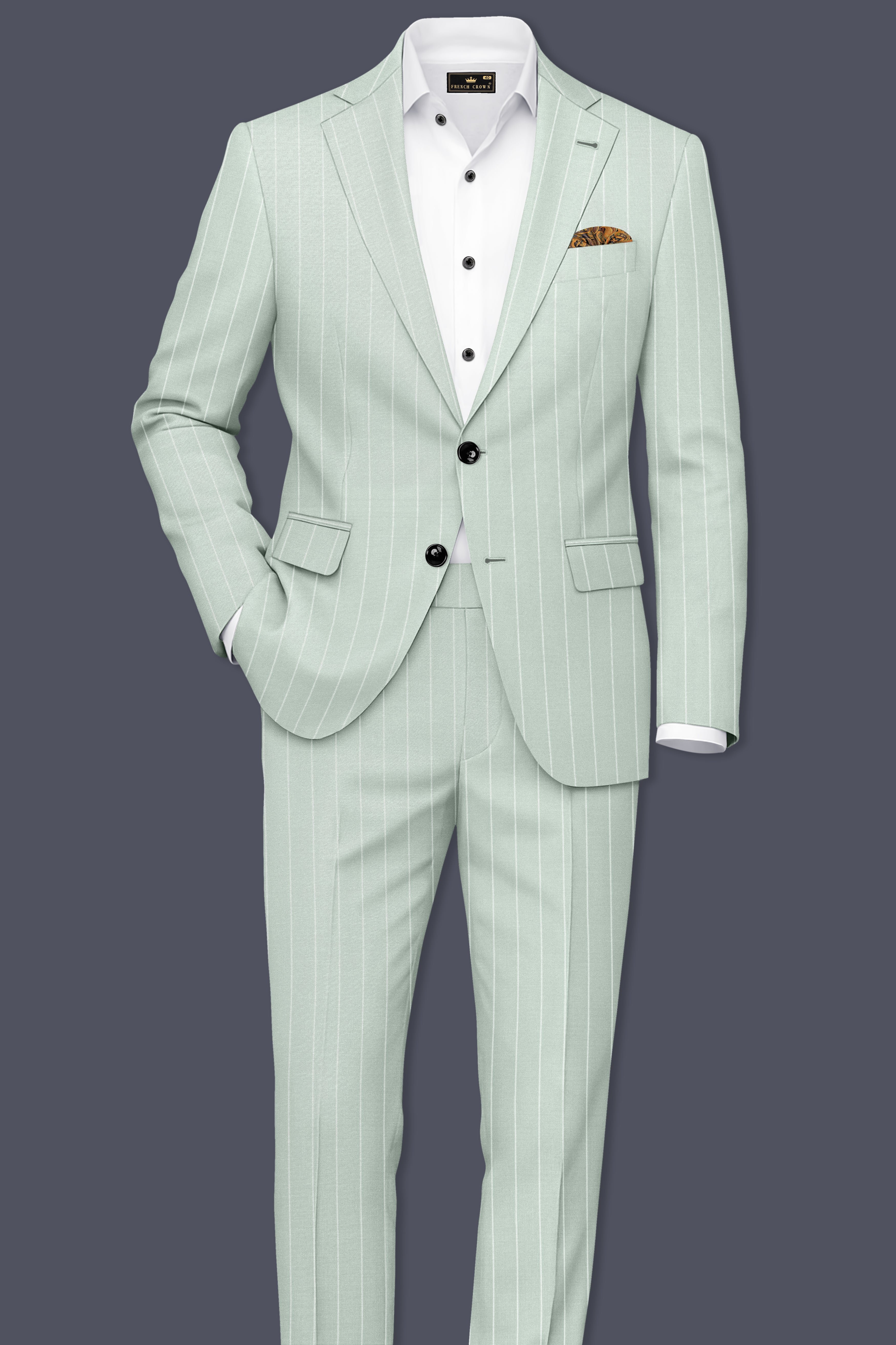 Halcyon-Pale Leaf Green And Bright White Chalk Striped Wool Rich Slight Stretch Waistband Pant