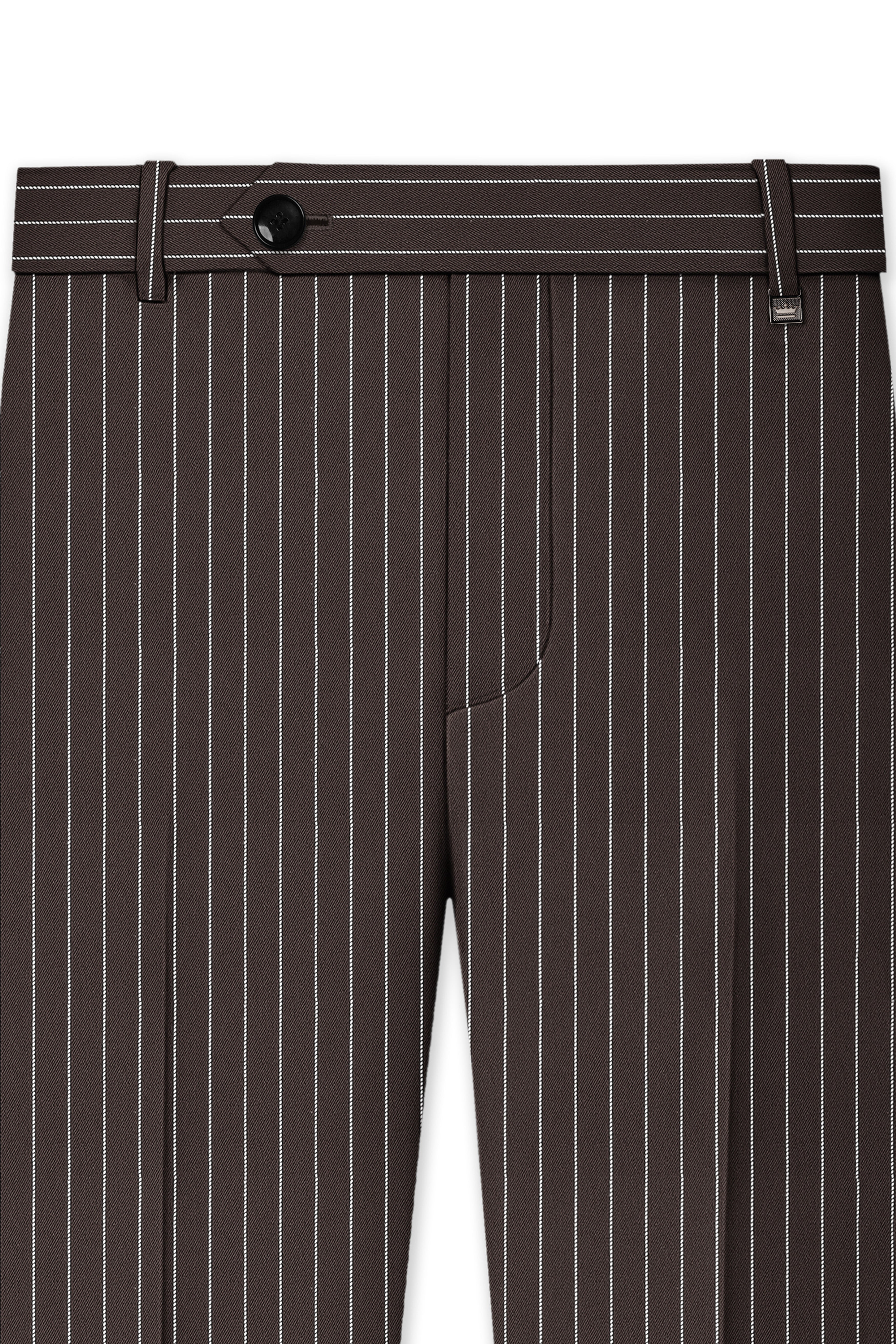 Sovereign-Umber Brown And Bright White Chalk Striped Wool Rich Slight Stretch Waistband Pant